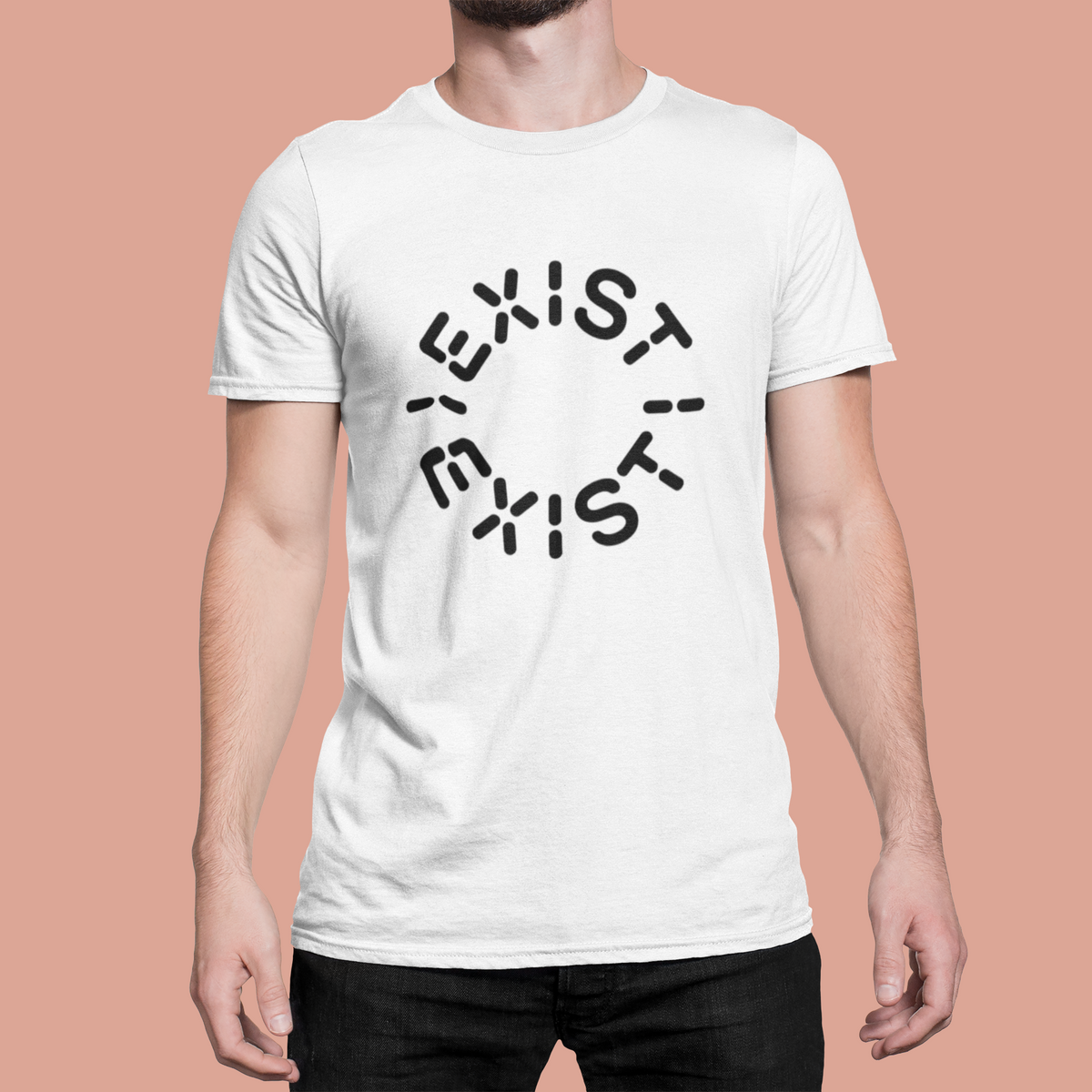'Exist Exist' t-shirt in white, man wearing it on dusty rose background, minimalist philosophy gift