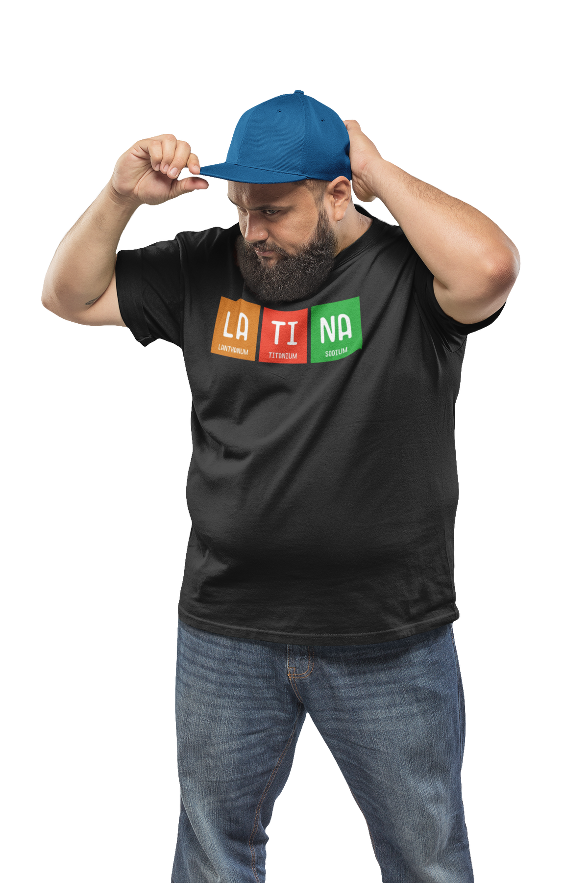 LA-TI-NA periodic table t-shirt in black, man wearing a cap adjusting it, funny gift idea