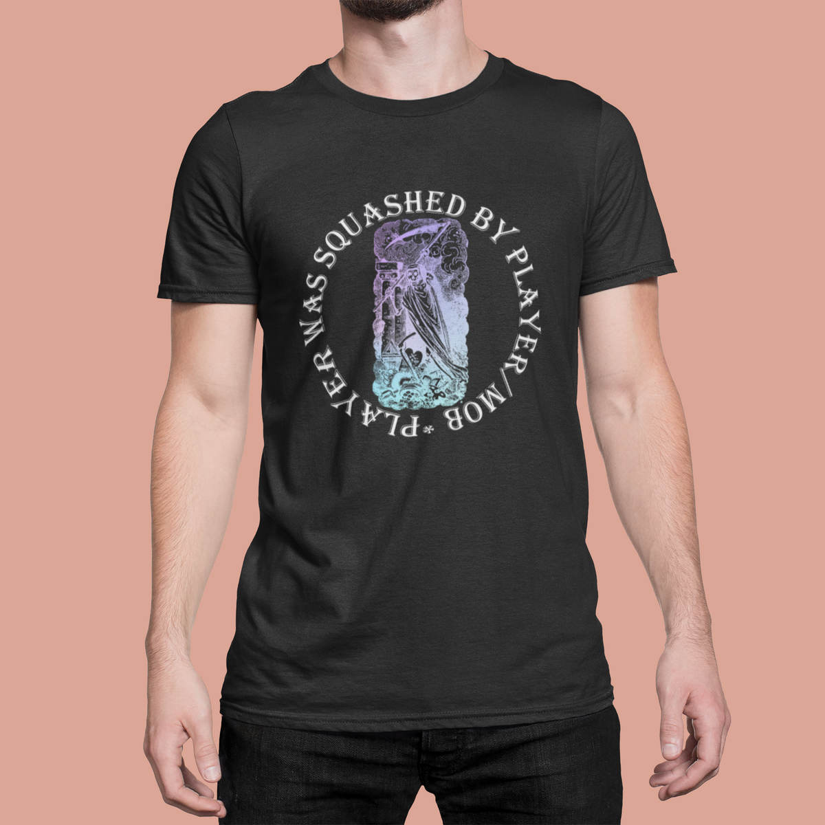 'Player Was Squashed By Player Mod' t-shirt in black, man wearing it