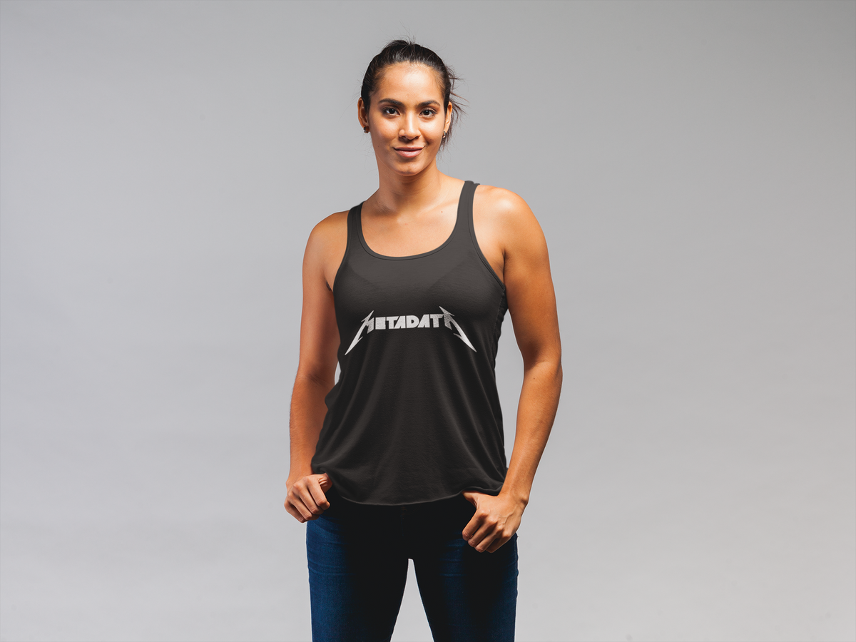 'Metadata' tank top in dark grey, woman wearing it front view, funny data engineer gift