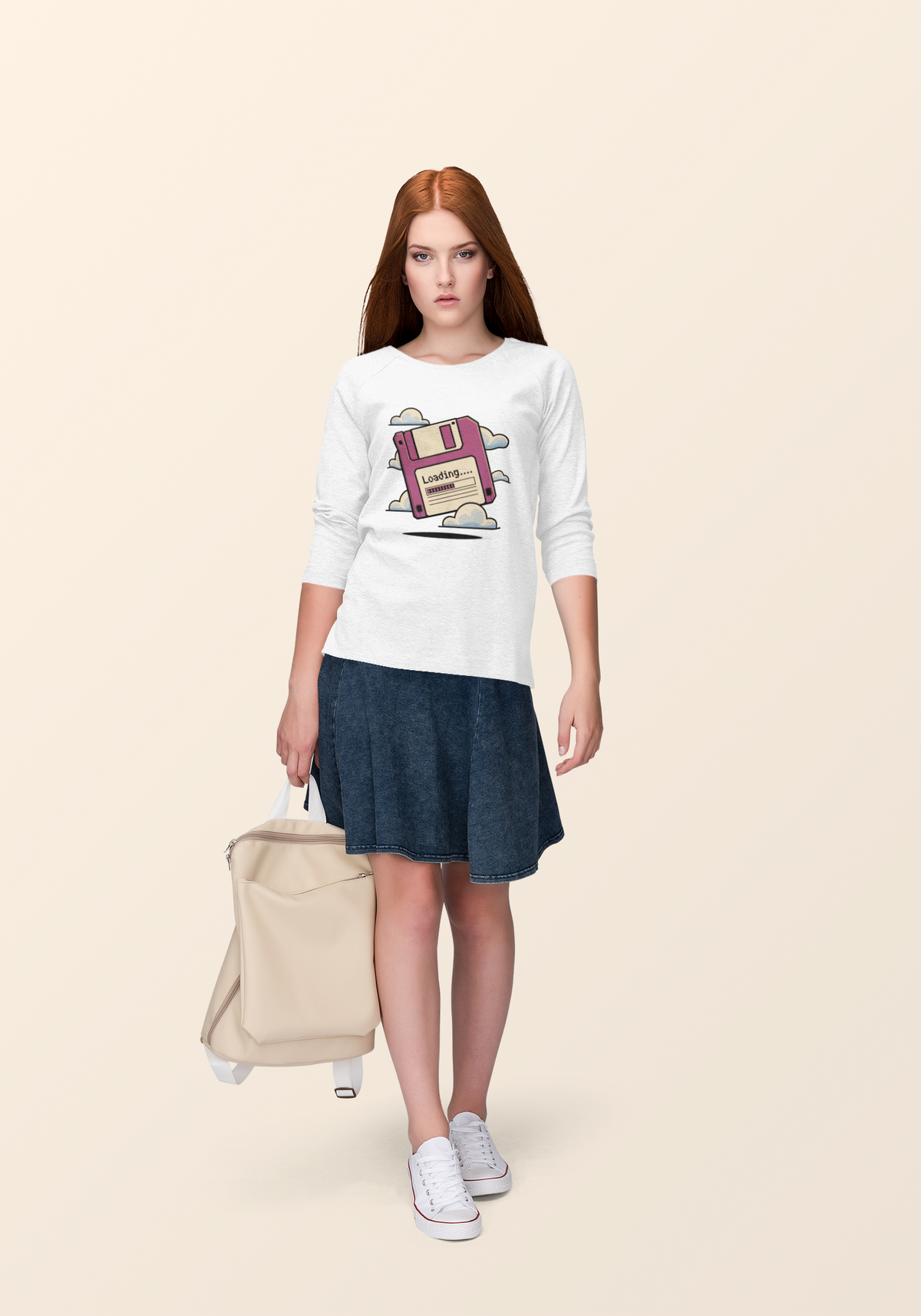 'Loading' floppy disk sweatshirt in white, woman walking with a suitcase, funny tech gift