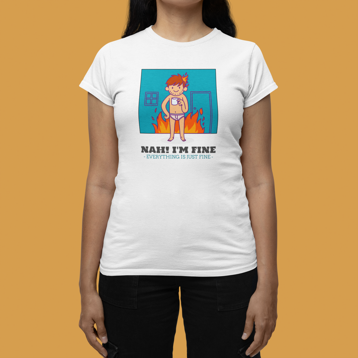 'Nah! I'm Fine' this is fine meme t-shirt in white, woman wearing it orange background, funny gift
