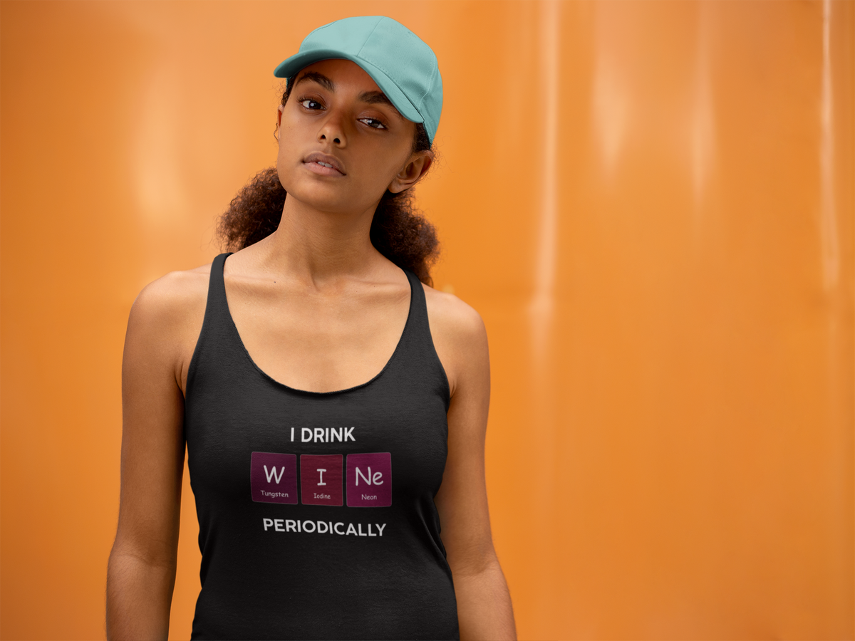 'W-I-Ne Periodic Table Women's Tank' in black, woman by an orange wall, Tank Top mockup, Geekpsters
