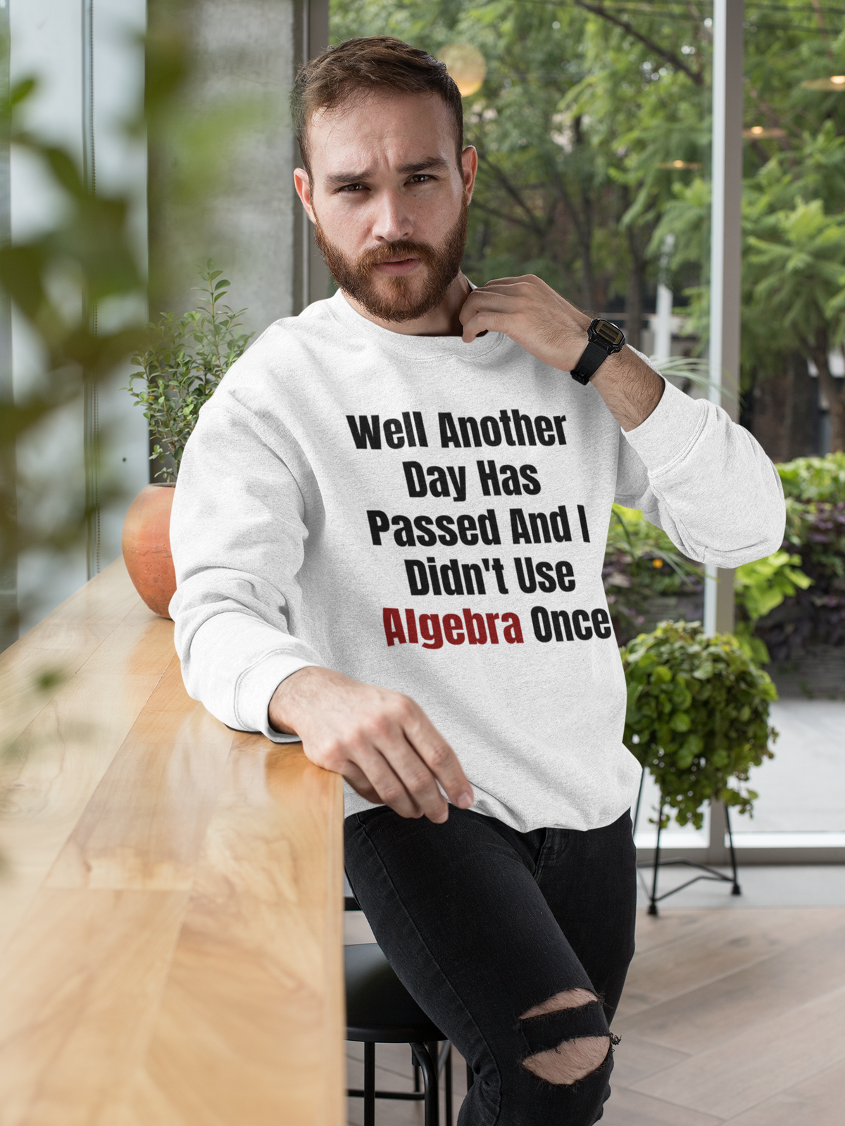 "Well Another Day Has Passed And I Didn't Use Algebra Once" sweatshirt in white, man by a window