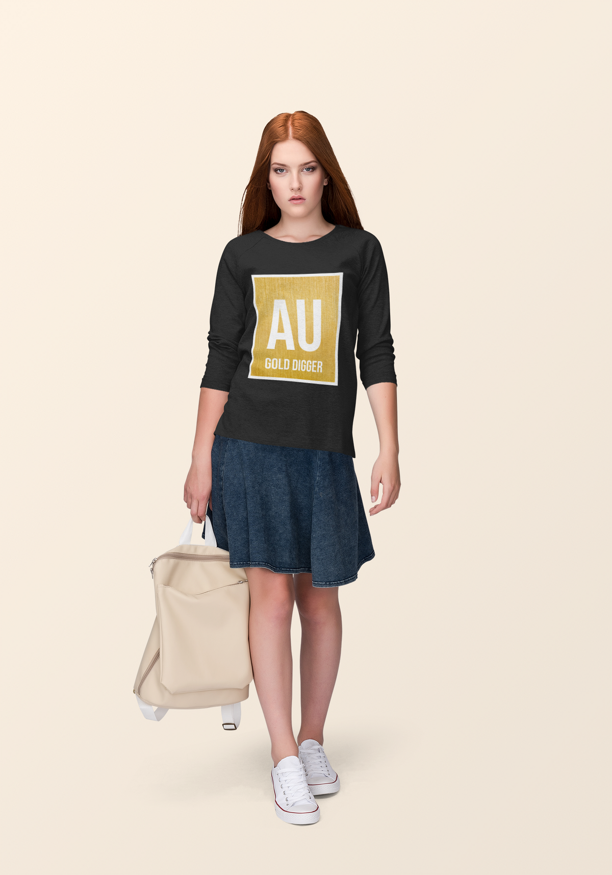 AU Gold Digger crewneck sweatshirt in black, woman in a travel scene with a suitcase, funny gift