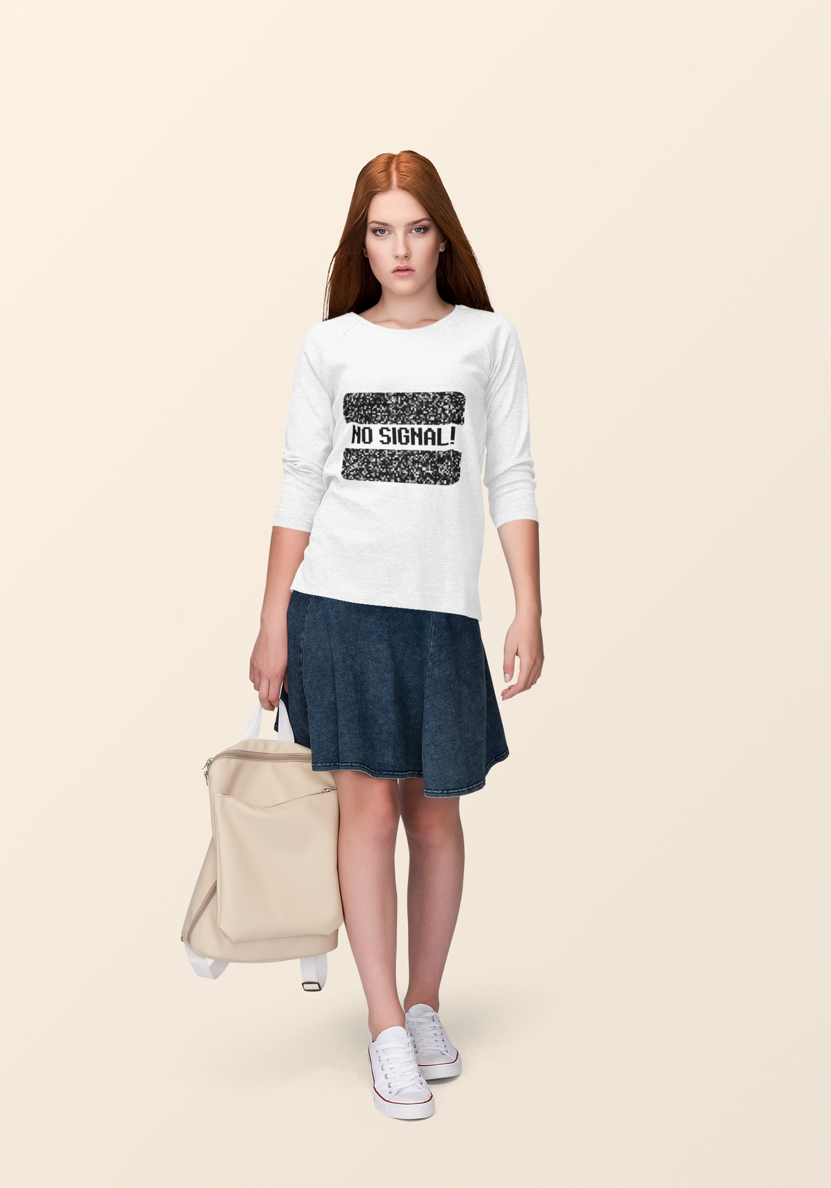 'No Signal' crewneck sweatshirt in white, woman wearing it with skirt outdoors, funny retro TV gift