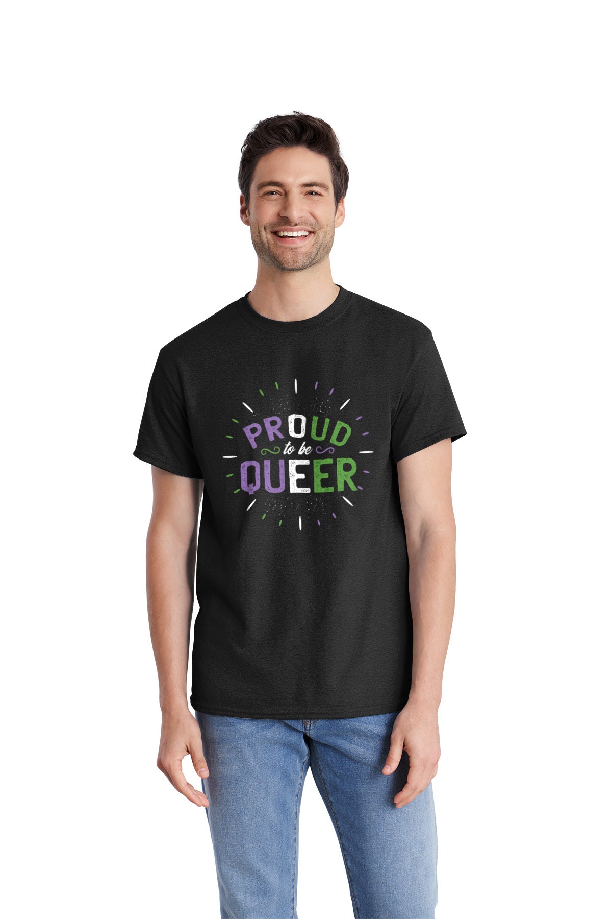 A man proudly expressing his LGBTQ+ identity with a Proud to Be Queer T-Shirt.