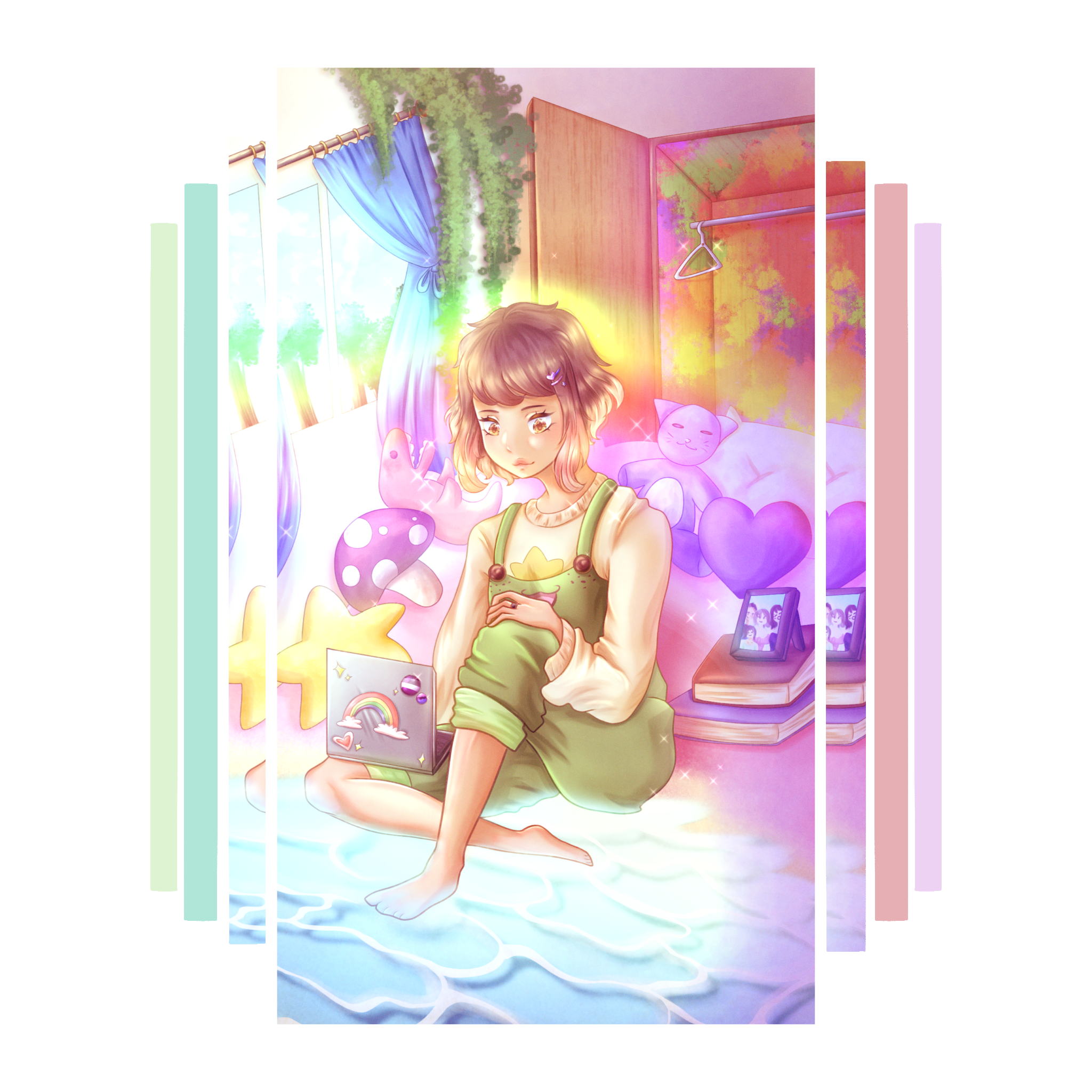 A girl sitting on a bed in a colorful room surrounded by Room Pride T-Shirt artwork.