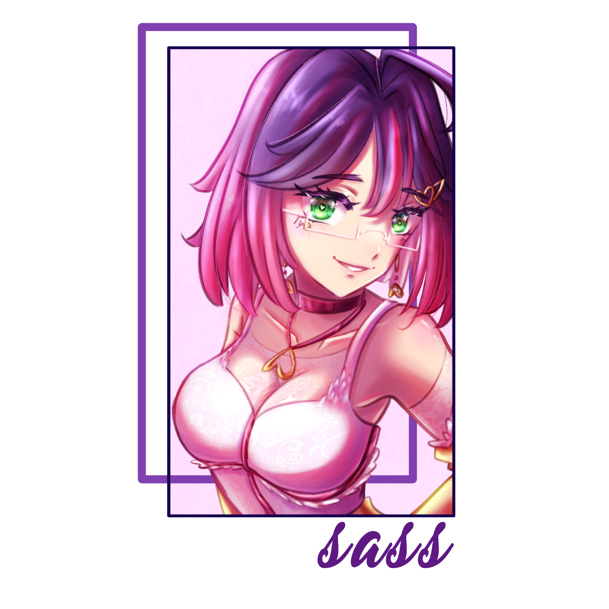 An Asophia artwork featuring an anime girl with pink hair and purple eyes, available on Sass T-Shirts.