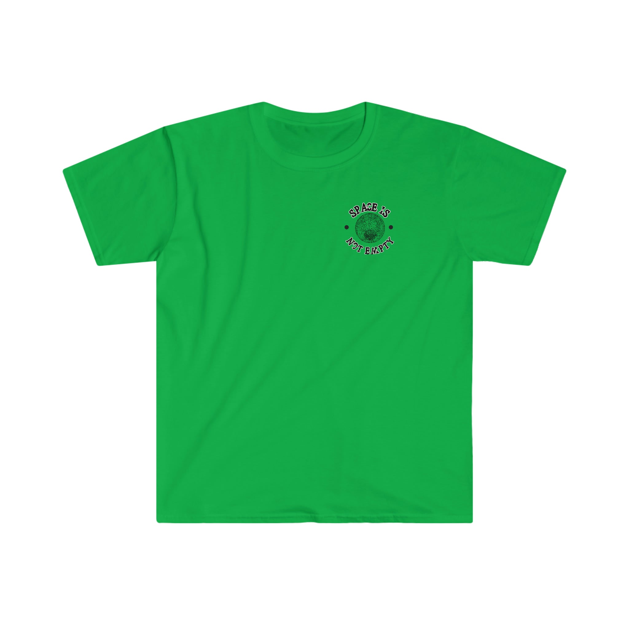 A Deep Deep Space T-Shirt, comfortable fit, made of cotton material with a green flower on it.