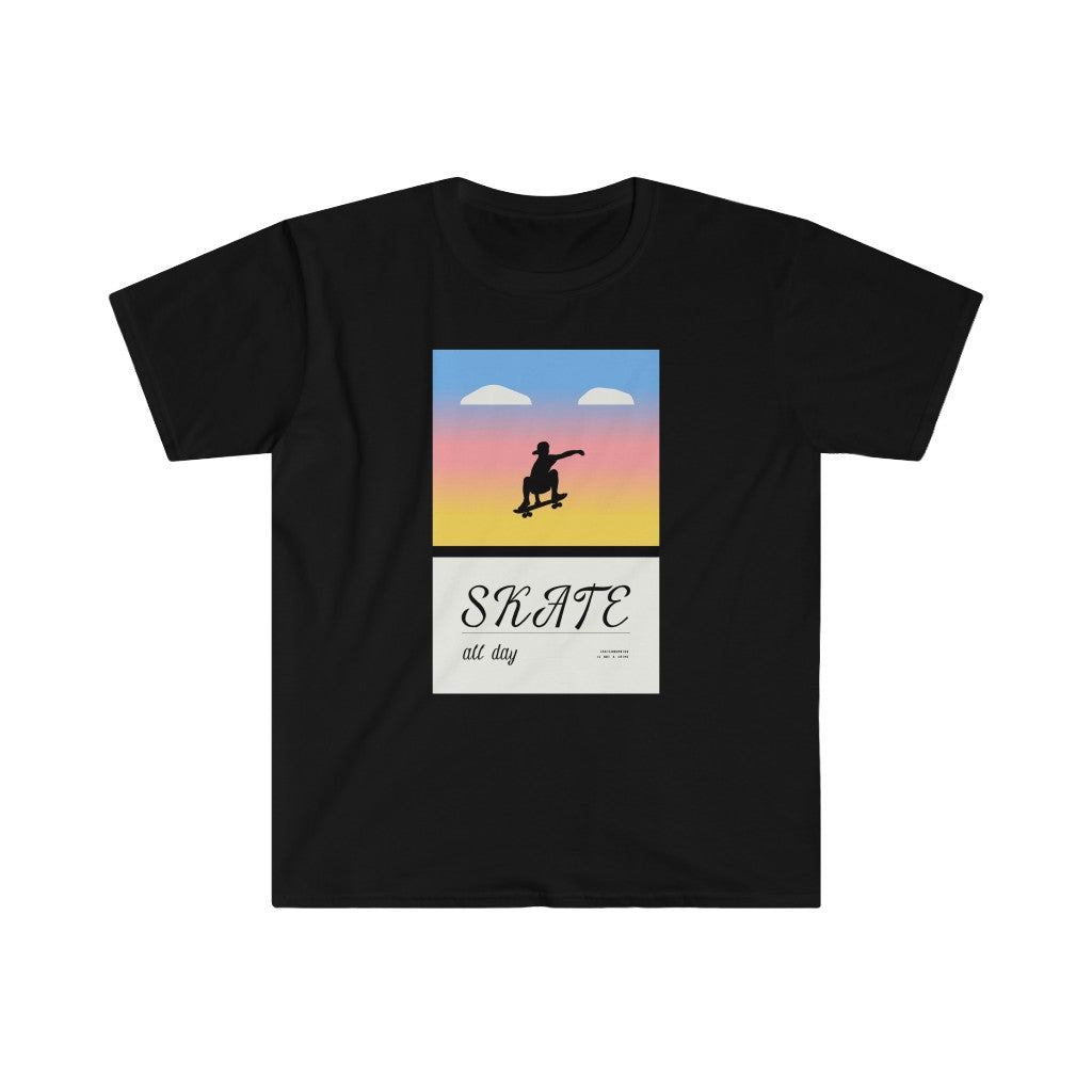 A stylish black Skate All Day T-Shirt featuring a silhouette of a skateboarder riding a skateboard at sunset.