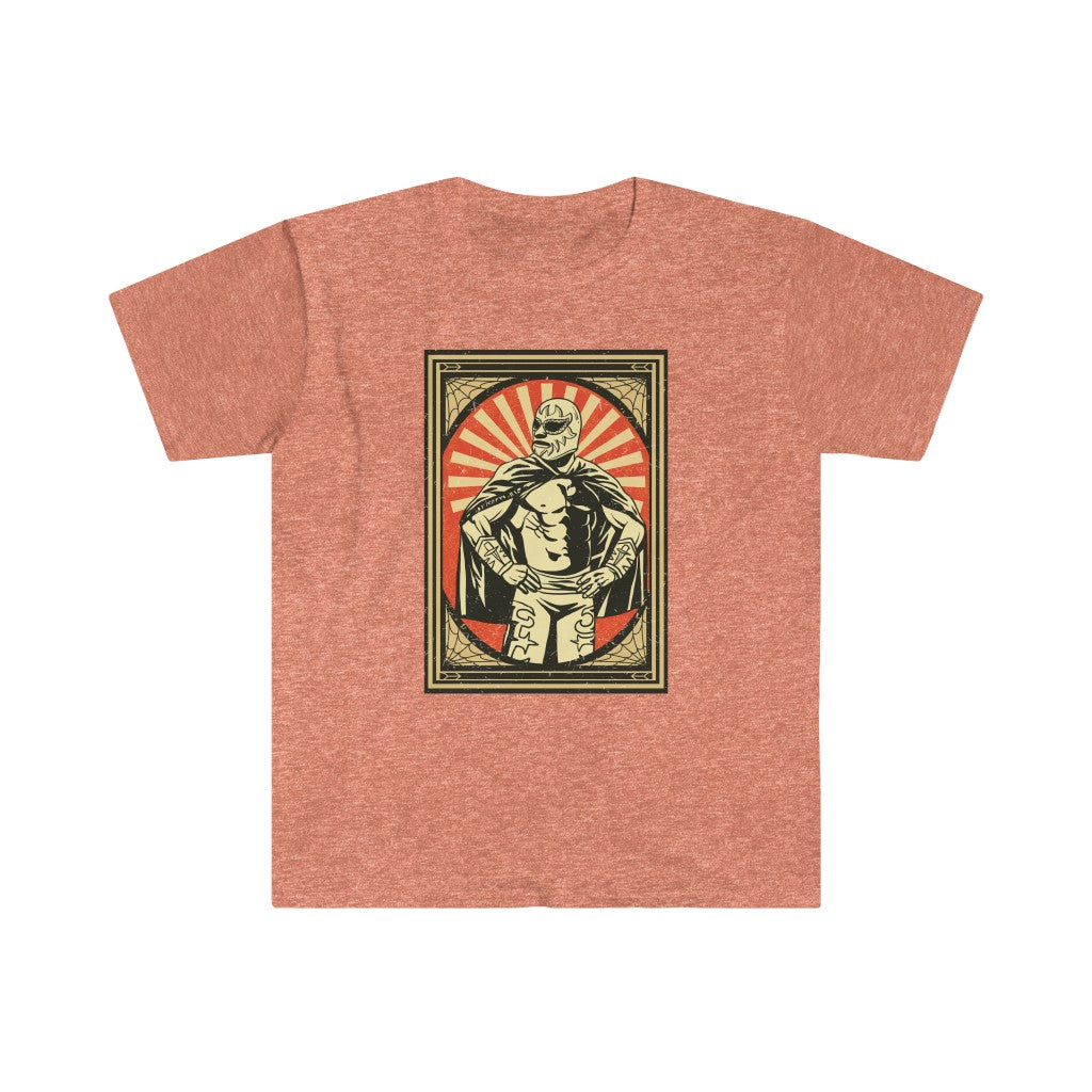 A Mexican Wrestler T-Shirt featuring a luchador style image of a man holding a sword.