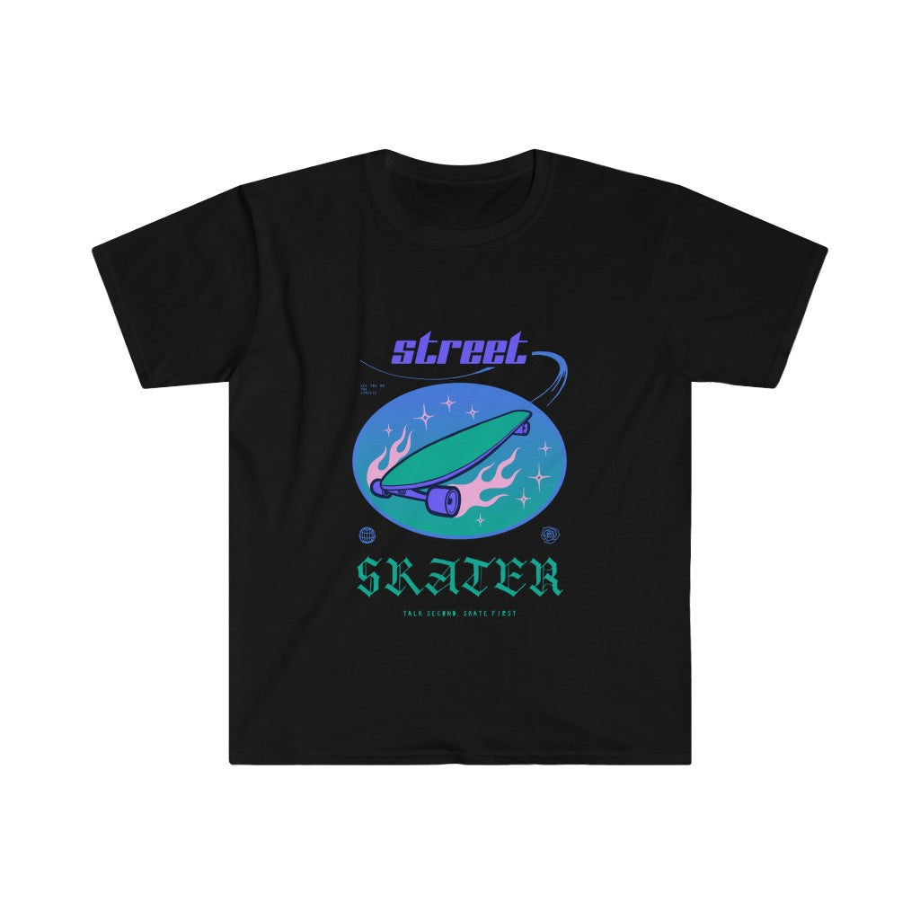 A black Street Skater T-Shirt featuring a spaceship image, perfect for individuals who love skate culture and want to showcase their street style.