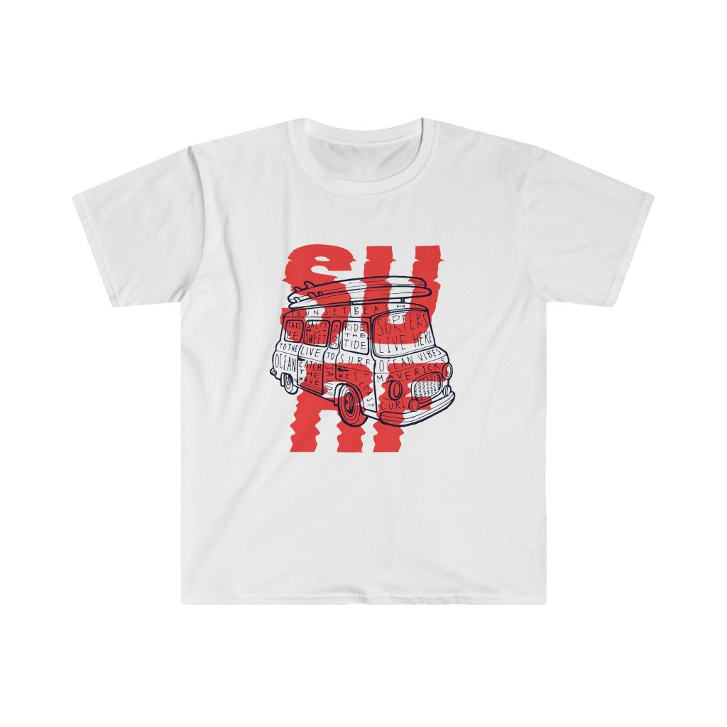A Surf Van T-Shirt with the word surf, perfect for casual fits and beach days.