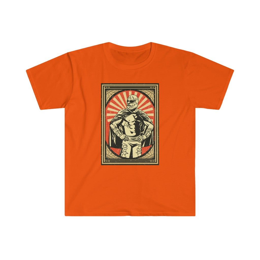 A Mexican Wrestler T-Shirt featuring an image of a man holding a sword in luchador style.