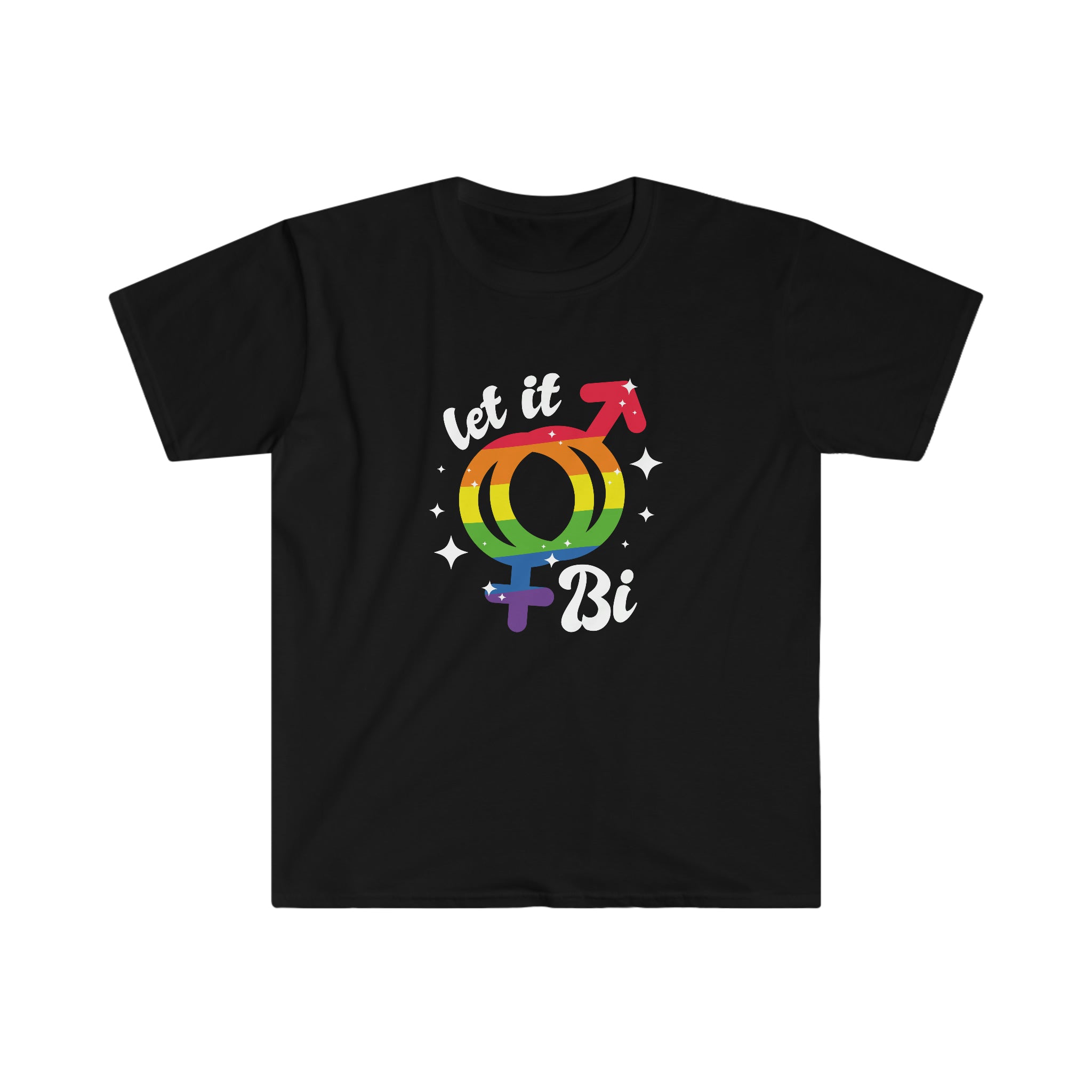 Let the Let it Bi T-Shirt! This black t-shirt proudly features the bi flag, embracing and celebrating your bi-curious side.