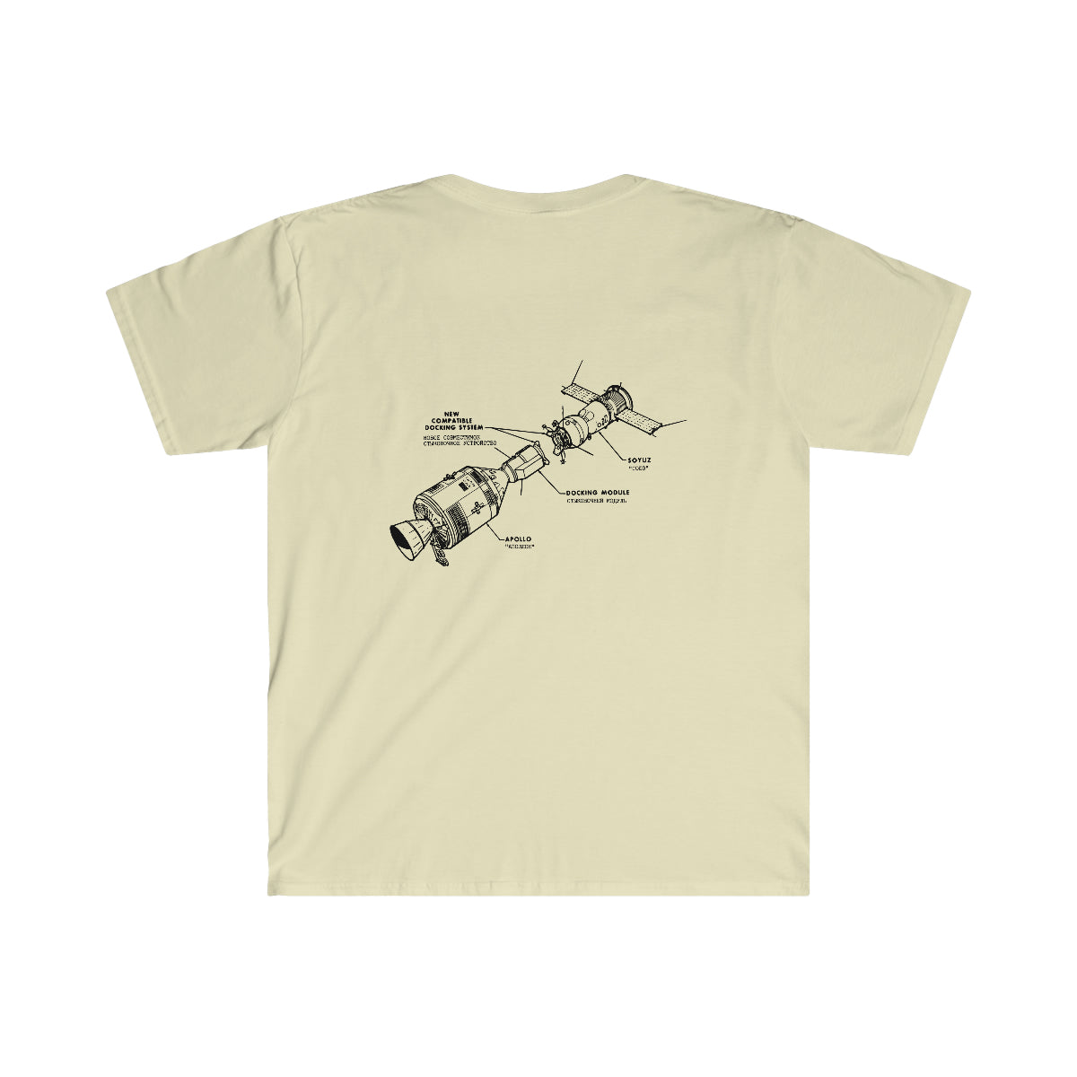 A Apollo Docking T-Shirt with a rocket drawing, perfect for any space enthusiast.