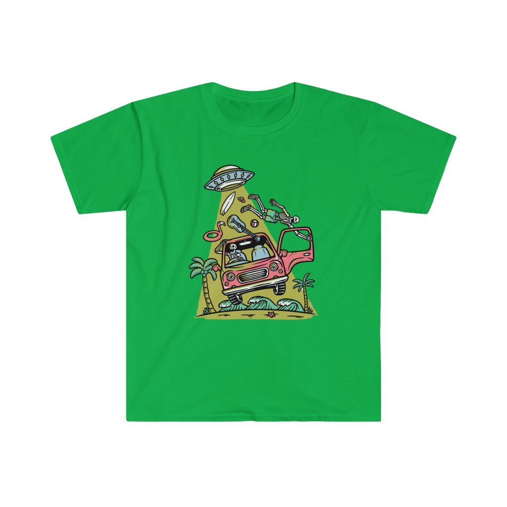 The Alien Invention T-shirt with a comfortable green fabric featuring a car design.