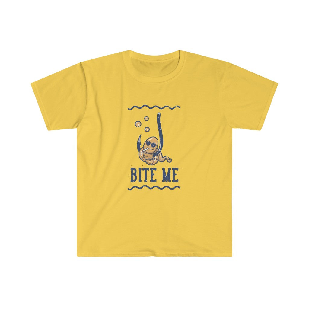 A playful yellow Bite Me T-Shirt with the humorously bold statement "bite me.