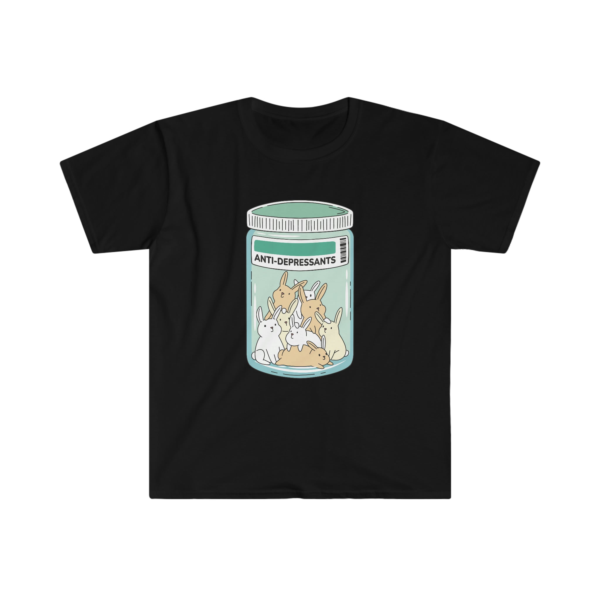 A Antidepressants Bunnies T-Shirt featuring an image of a rabbit in a jar, perfect for adding some style to your wardrobe.