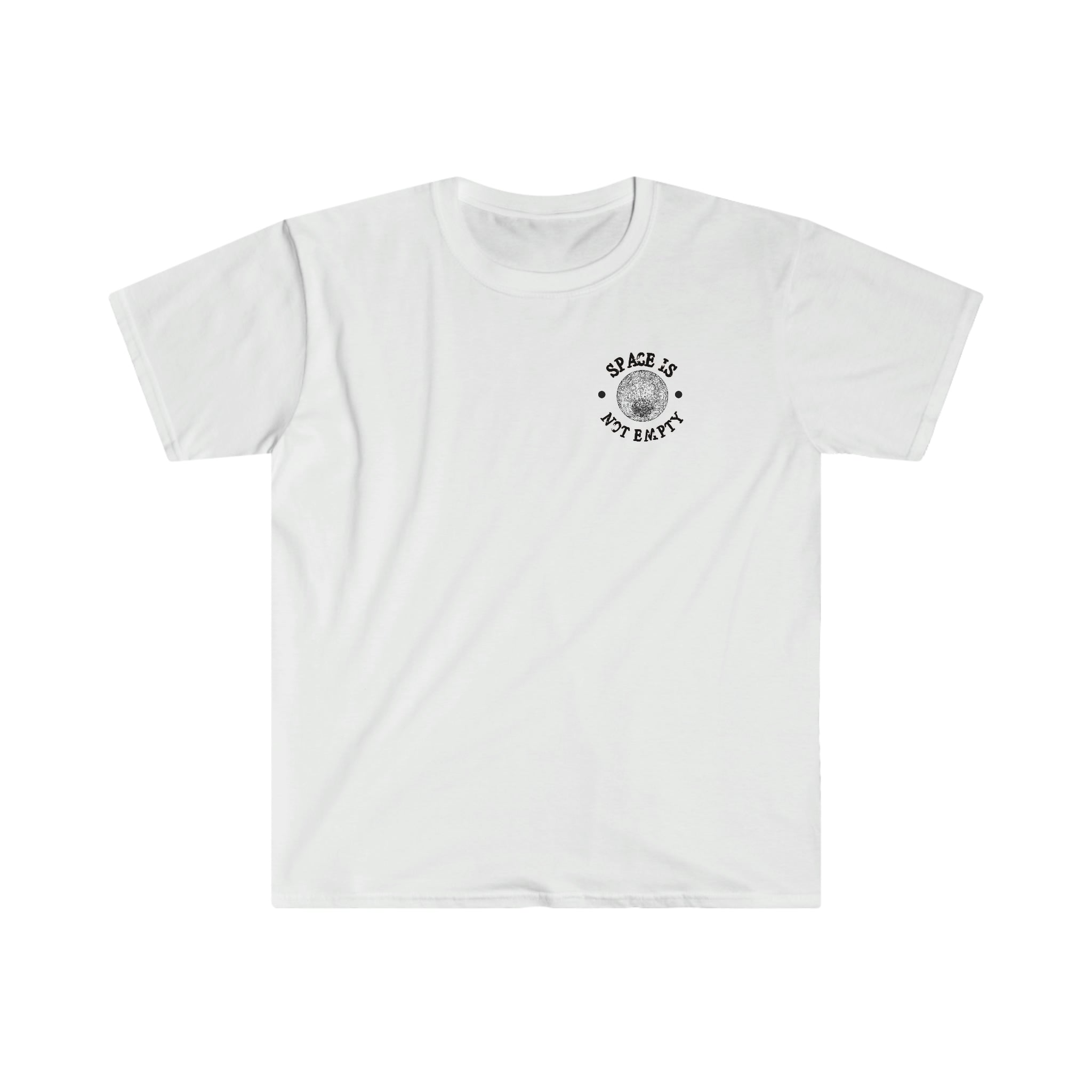 A white Space Station T-Shirt with a black space exploration logo on it.