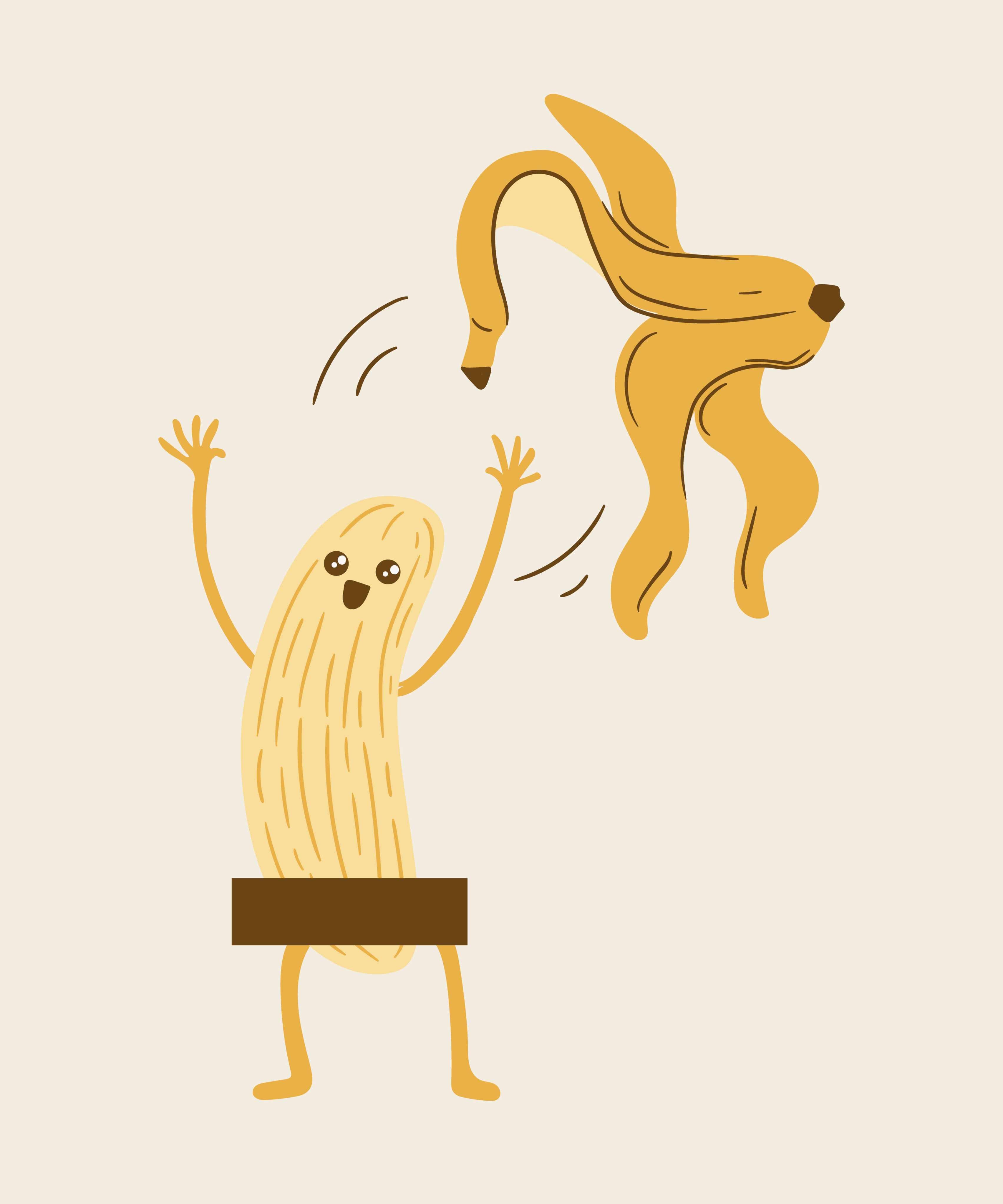 An illustration of a Naked Banana T-Shirt and a dog, promoting the idea of "free the fruit" with a touch of banana humor.