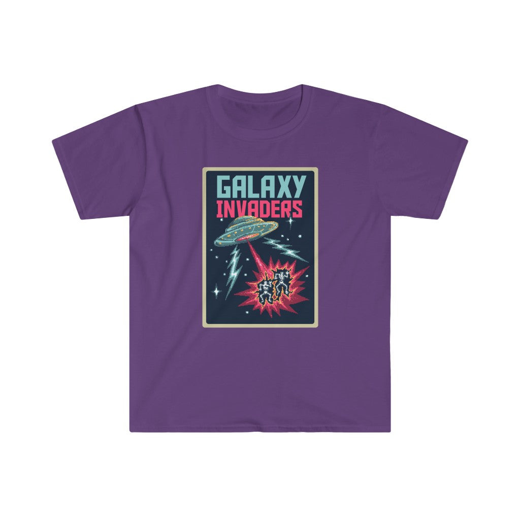 A purple Pixel Galaxy Invaders spaceship t-shirt featuring the words "Galaxy Invaders".