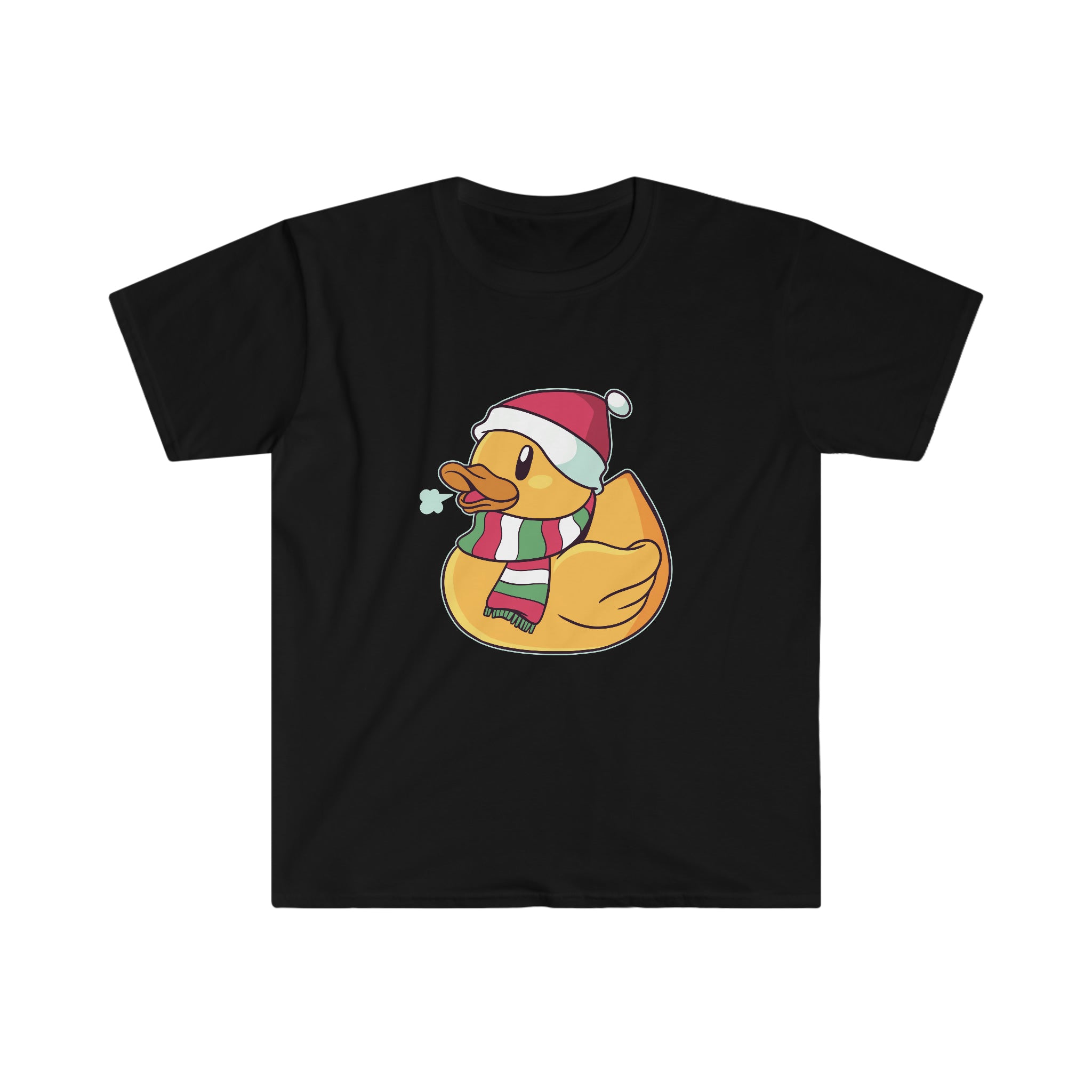 A black winter Windy Duck T-Shirt perfect for layering, featuring a festive duck adorned with a santa hat.