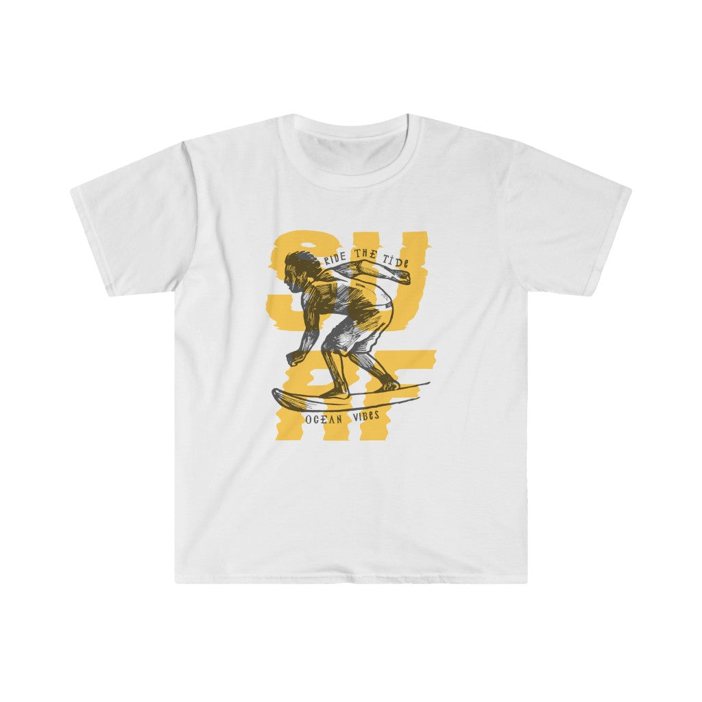 An on-trend SURF T-shirt featuring a surfer riding a wave on a white background.