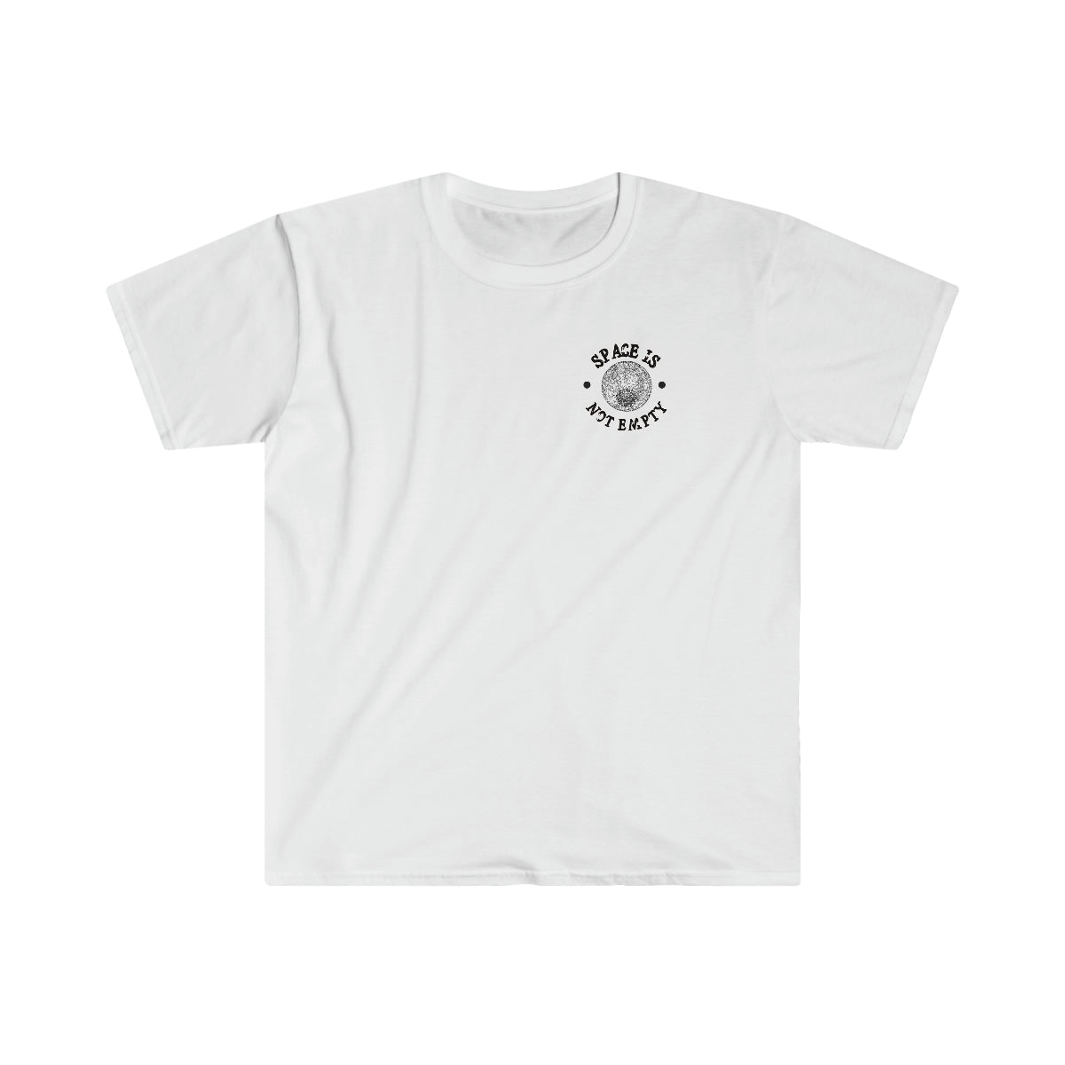 A Deep Space Shuttle white t-shirt with a black logo on it from One Tee Project.