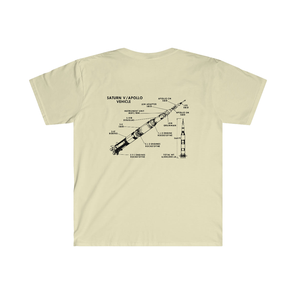 A Saturn / Apollo Vehicle-themed t-shirt featuring a diagram of a rocket, perfect for space exploration enthusiasts.
