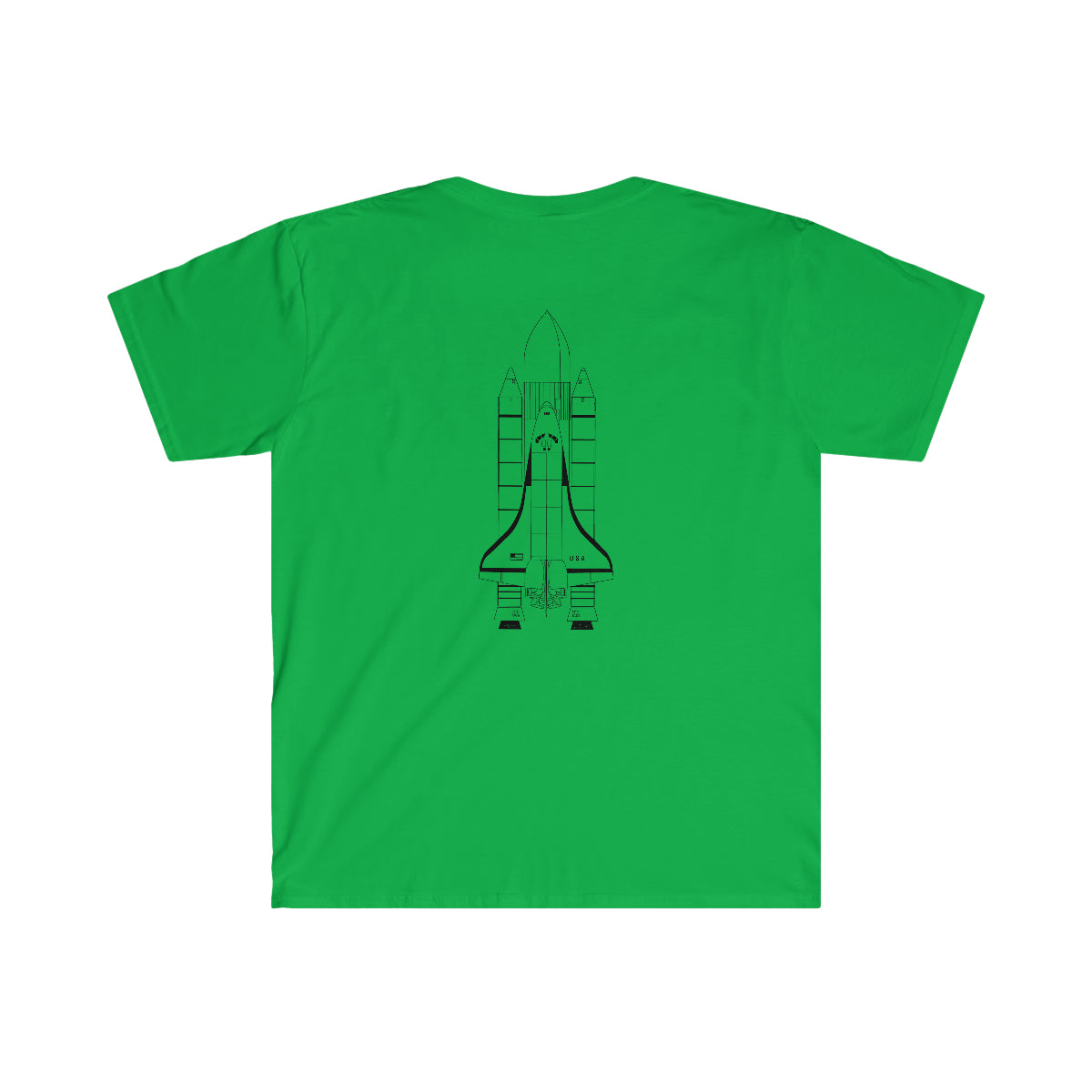A comfortable green Ready to Fly T-Shirt with a space shuttle printed on it.