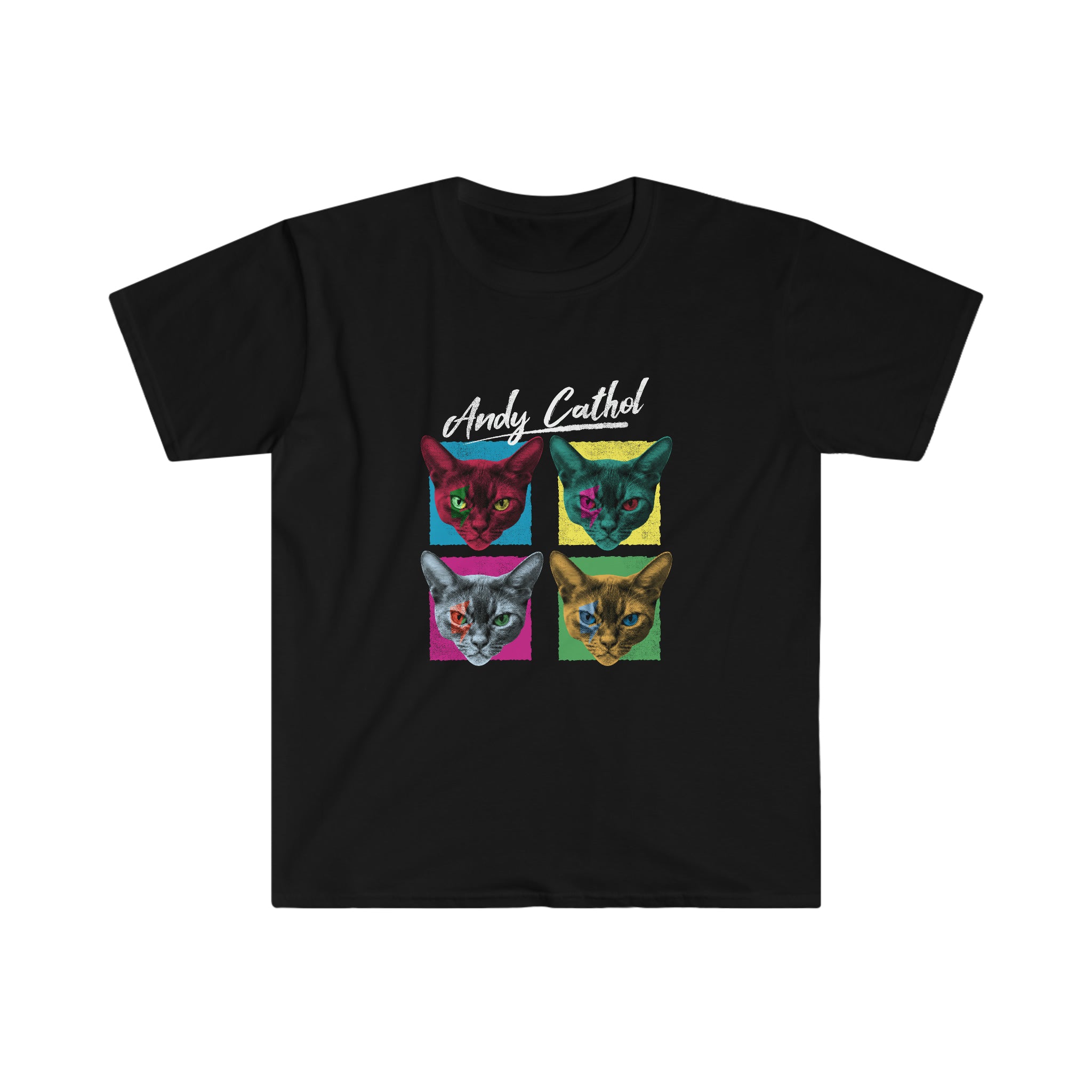 A stylish black Andy Cathol T-shirt featuring four cats, made of 100% cotton.
