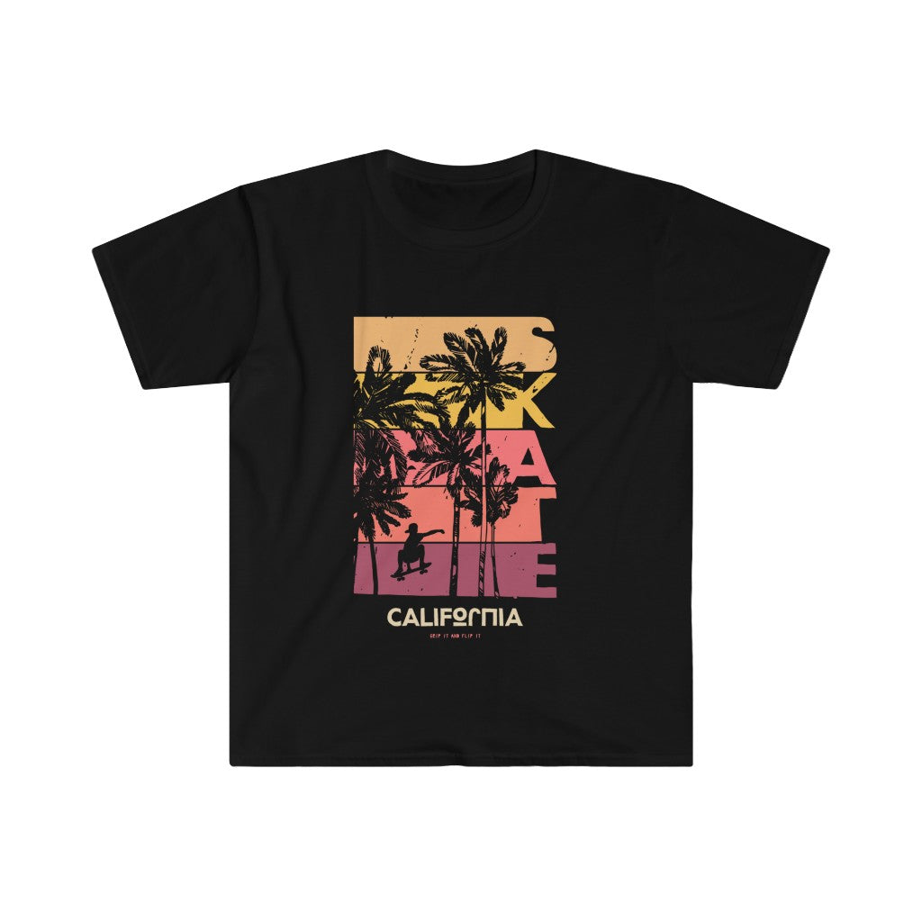 A sporty black Skate California t-shirt featuring palm trees and the words "Skate California," with an adjustable neck.