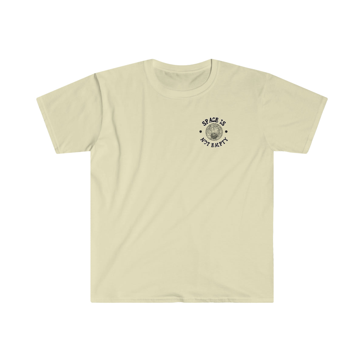 A comfortable beige Ready to Fly T-Shirt with a circle on it.