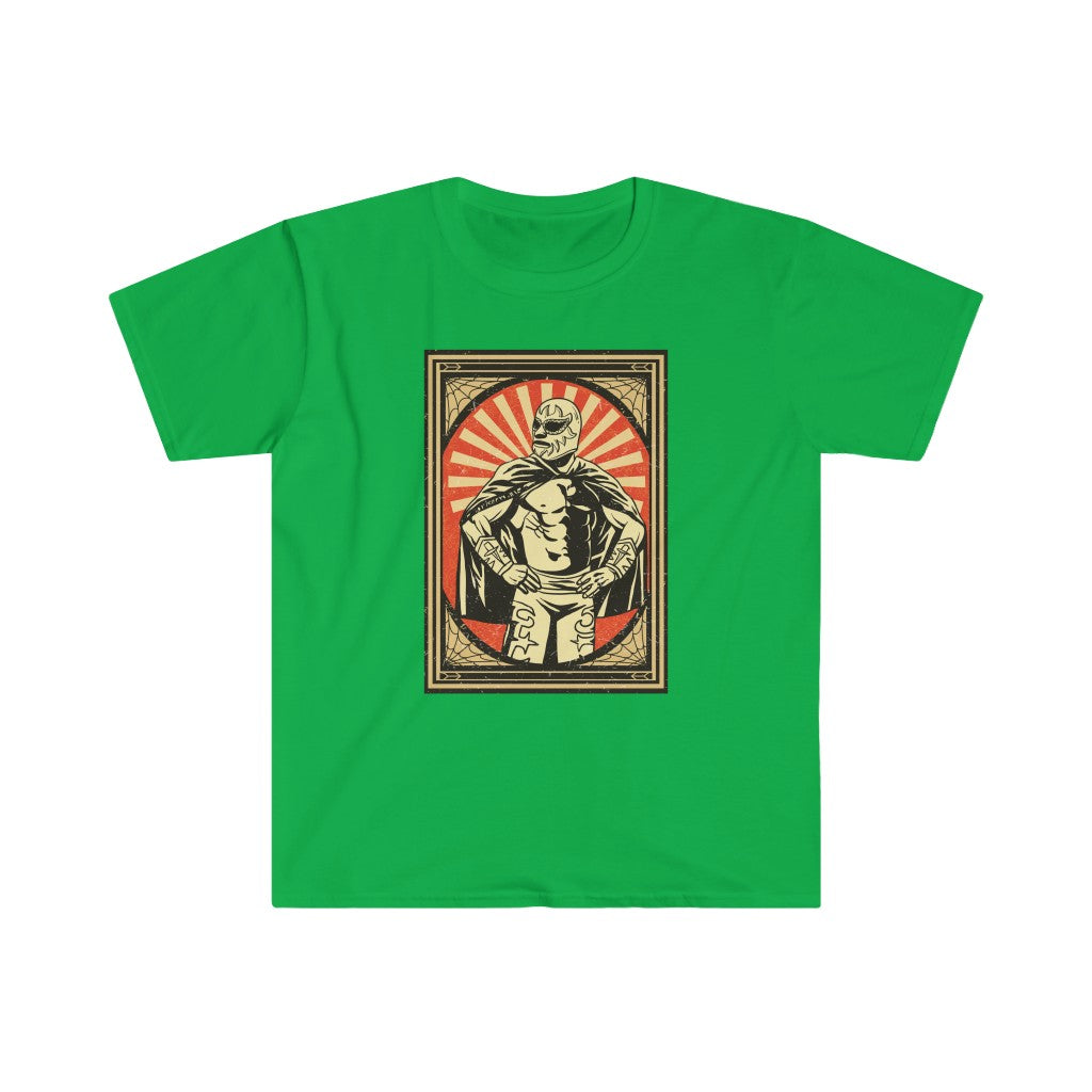 A Mexican Wrestler T-Shirt with an image of a man holding a sword.
