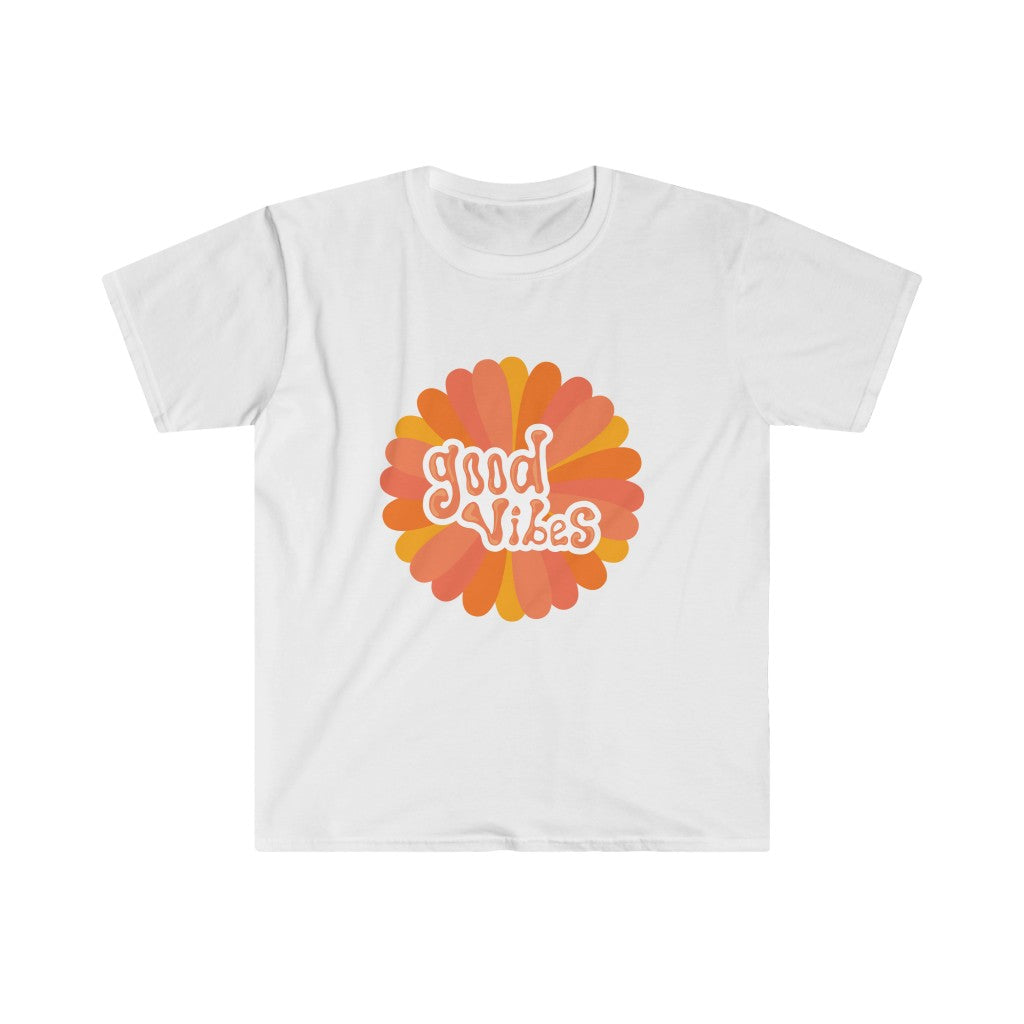 A Good Vibes Flower T-Shirt adorned with a vibrant orange flower graphic. Perfect addition to any wardrobe.