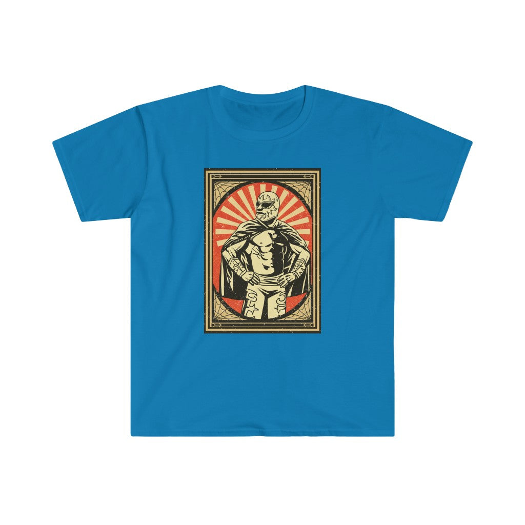A blue Mexican Wrestler T-Shirt with an image of a man holding a torch, showcasing luchador style.