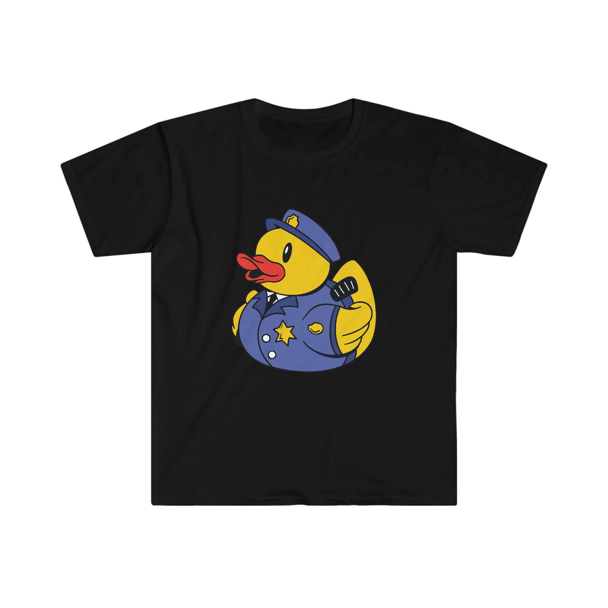 A stylish black Police Duck T-Shirt featuring a cartoon duck design.