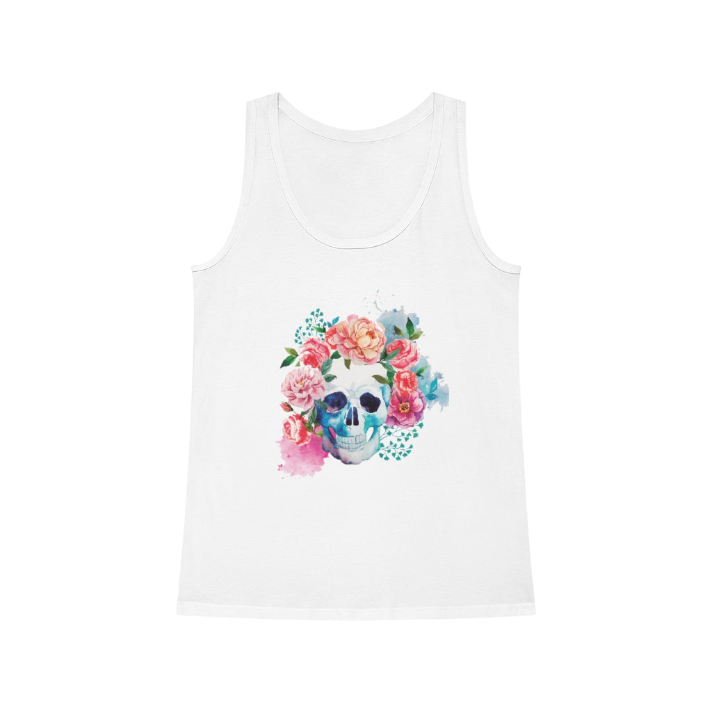 A Flowery Skull Yoga Tank Top organic cotton, perfect for yoga and breathable comfort.
