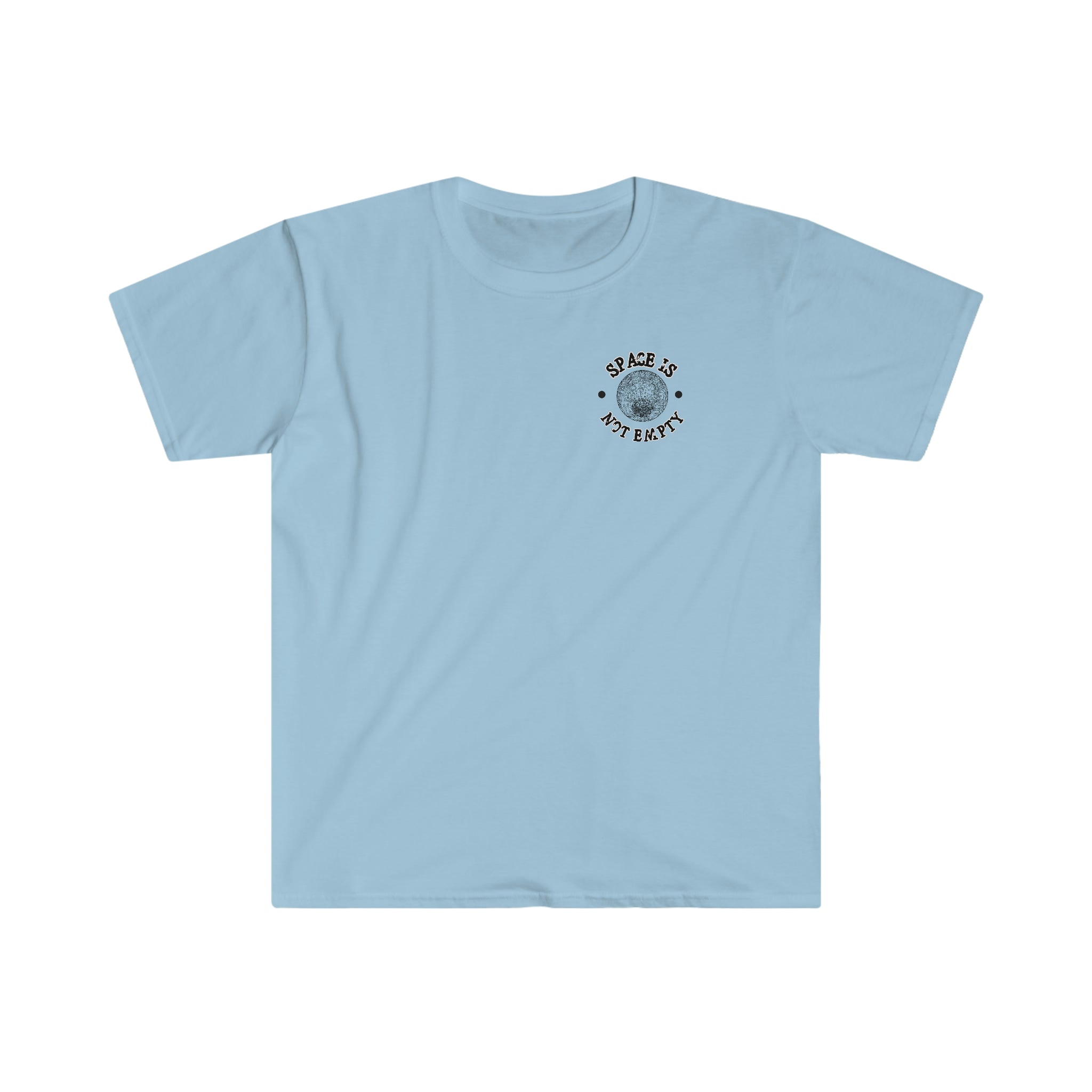 A light blue Space Station T-Shirt with a circle on it, perfect for space station fans.