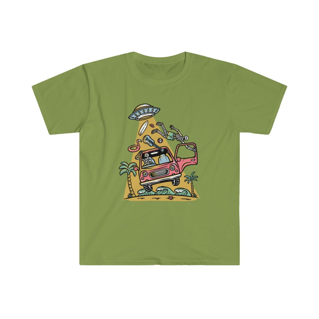 A comfortable Alien Invention T-shirt with an image of a car on it.