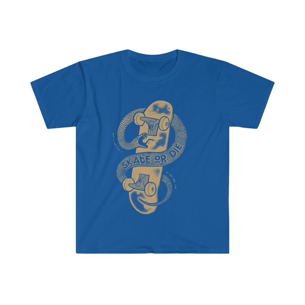 A soft blue Skate or Die T-shirt featuring an image of a snake on it.