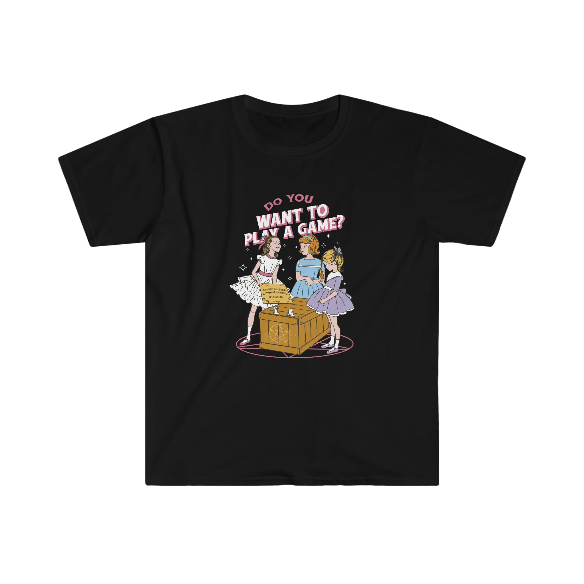 A Do You Want to Play a Game? T-shirt with a cartoon of two girls playing in a box.