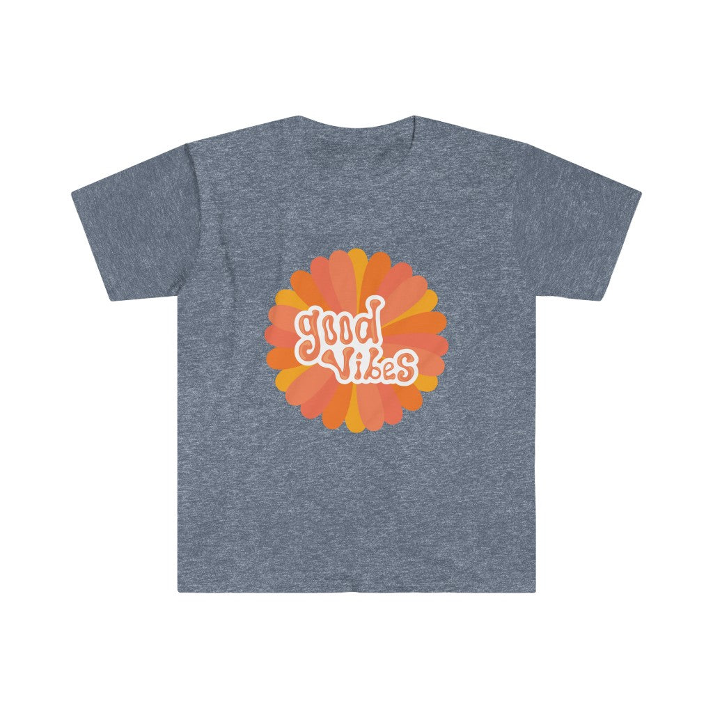 A Good Vibes Flower T-Shirt with orange and white text featuring a flower graphic.