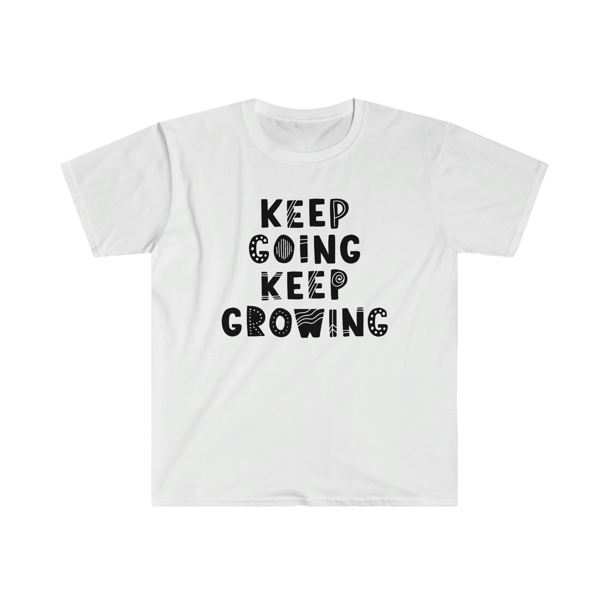 This Keep Going, Keep Growing T-Shirt features the motivational message "Keep Going, Keep Growing.