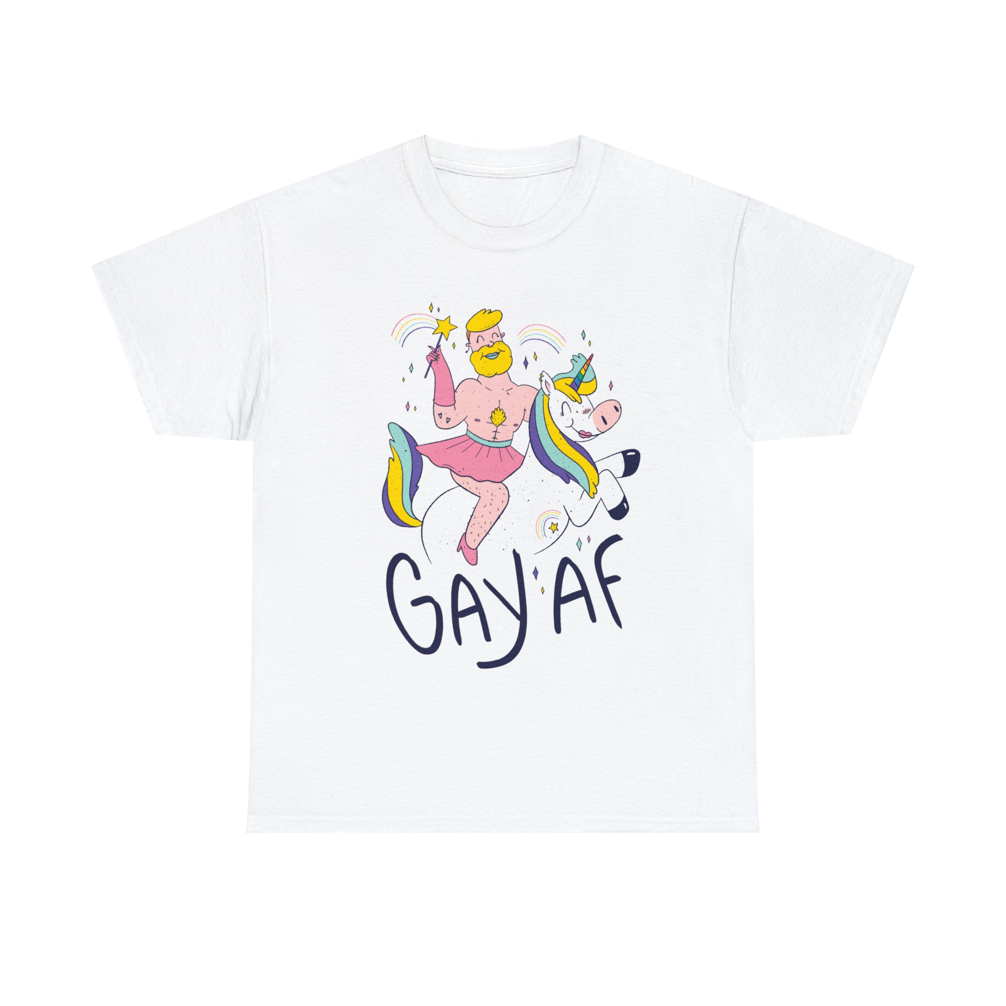 A 100% cotton white GAYAF T-shirt featuring a Geekpsters cartoon character.