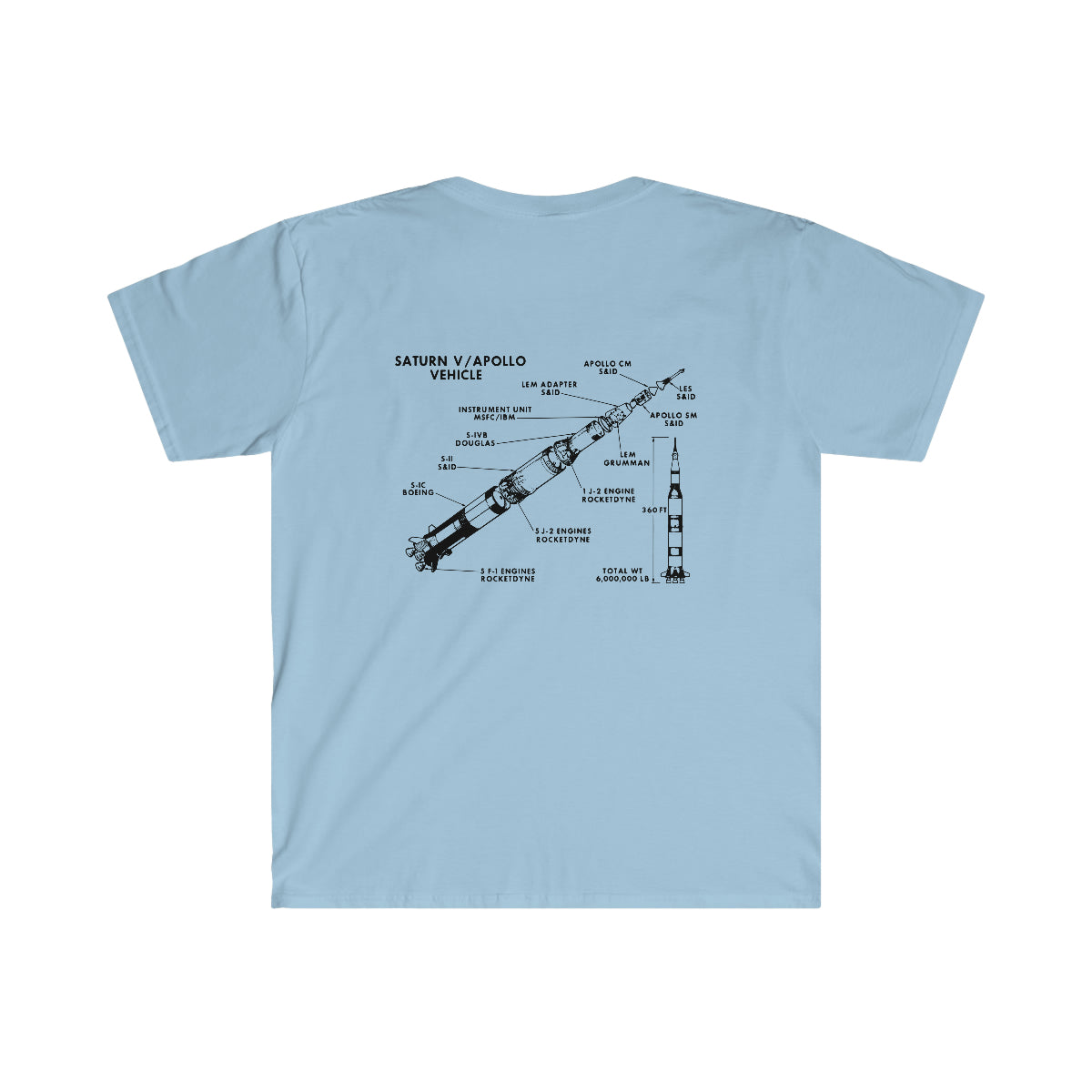 A light blue Saturn/Apollo Vehicle T-Shirt with a diagram of a rocket for space exploration.