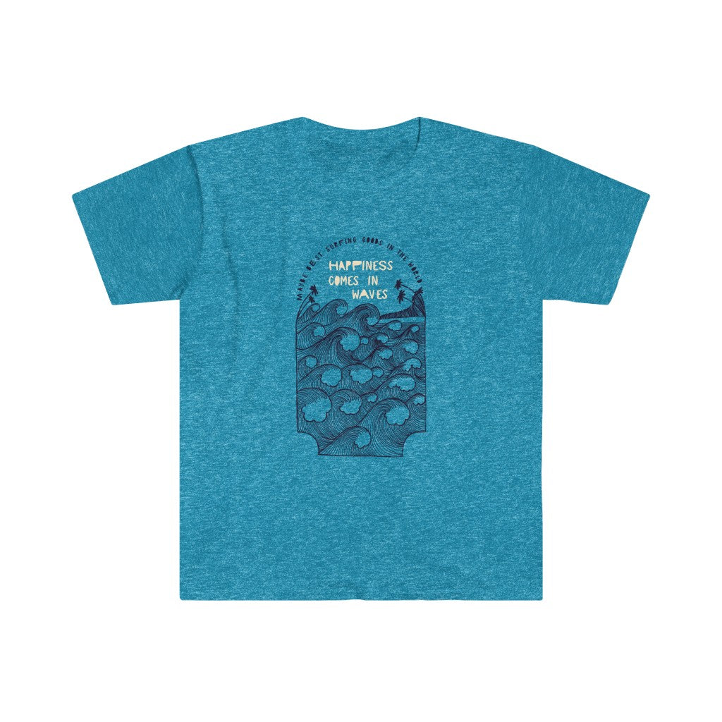A Happiness Comes in Waves T-Shirt with a graphic of positive vibes.