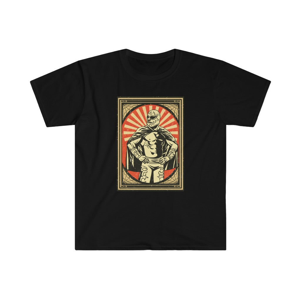 A Mexican Wrestler T-Shirt featuring a man holding a sword in luchador style.